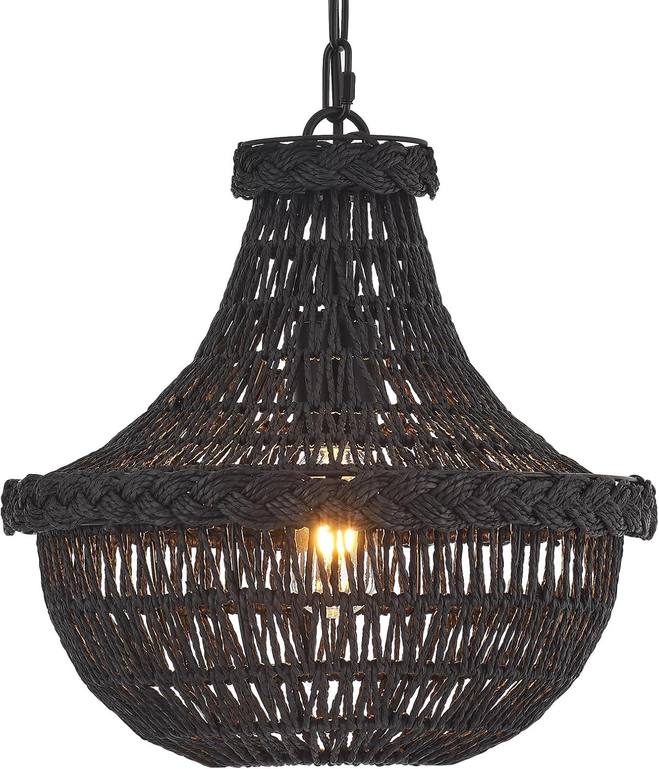 19.69" Boho Black Rattan Chandelier Vintage 4-Lights Farmhouse Hand-Woven Bamboo Basket Chandelier Light Fixture Rustic Wicker Rattan Chandeliers for Dining Room, Kitchen, Living Room