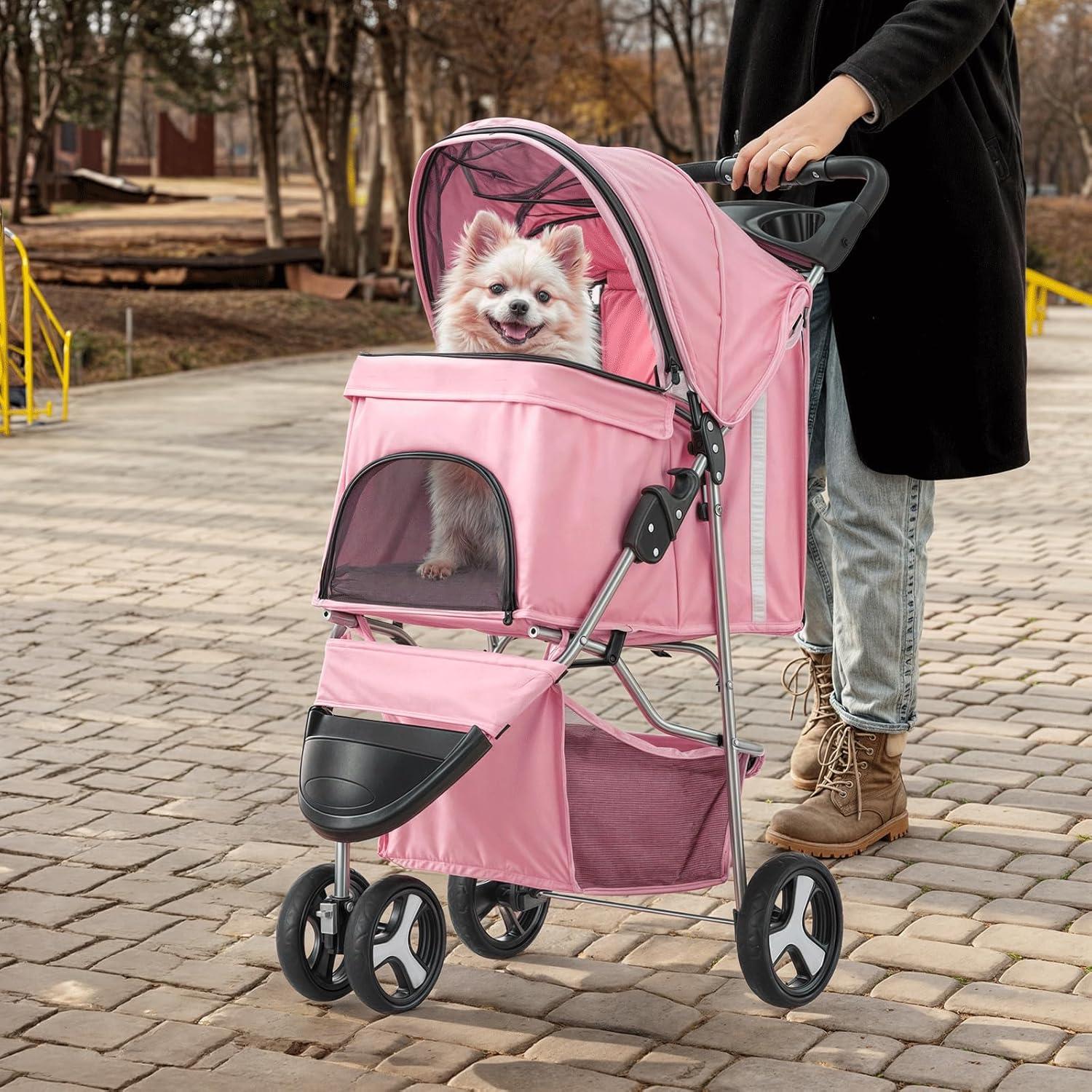 3 Wheel Folding Pet Stroller, Foldable Dog Jogger Stroller with Storage Basket, Cup Holder & Canopy