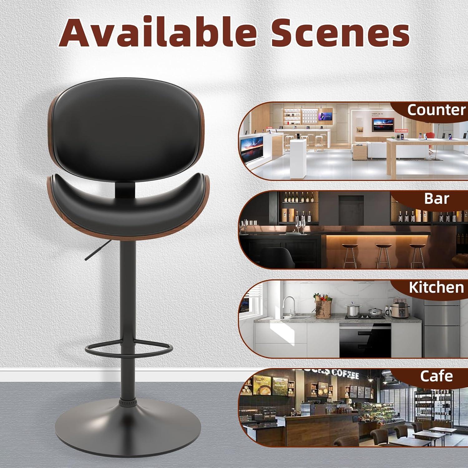 civama Bar Stools Set of 2 for Kitchen Counter, Adjustable Bar Height Chairs, Modern Swivel Barstools with Bentwood Seat and Back with Footrest, for Kitchen Island, Dining Room, Black PU Leather