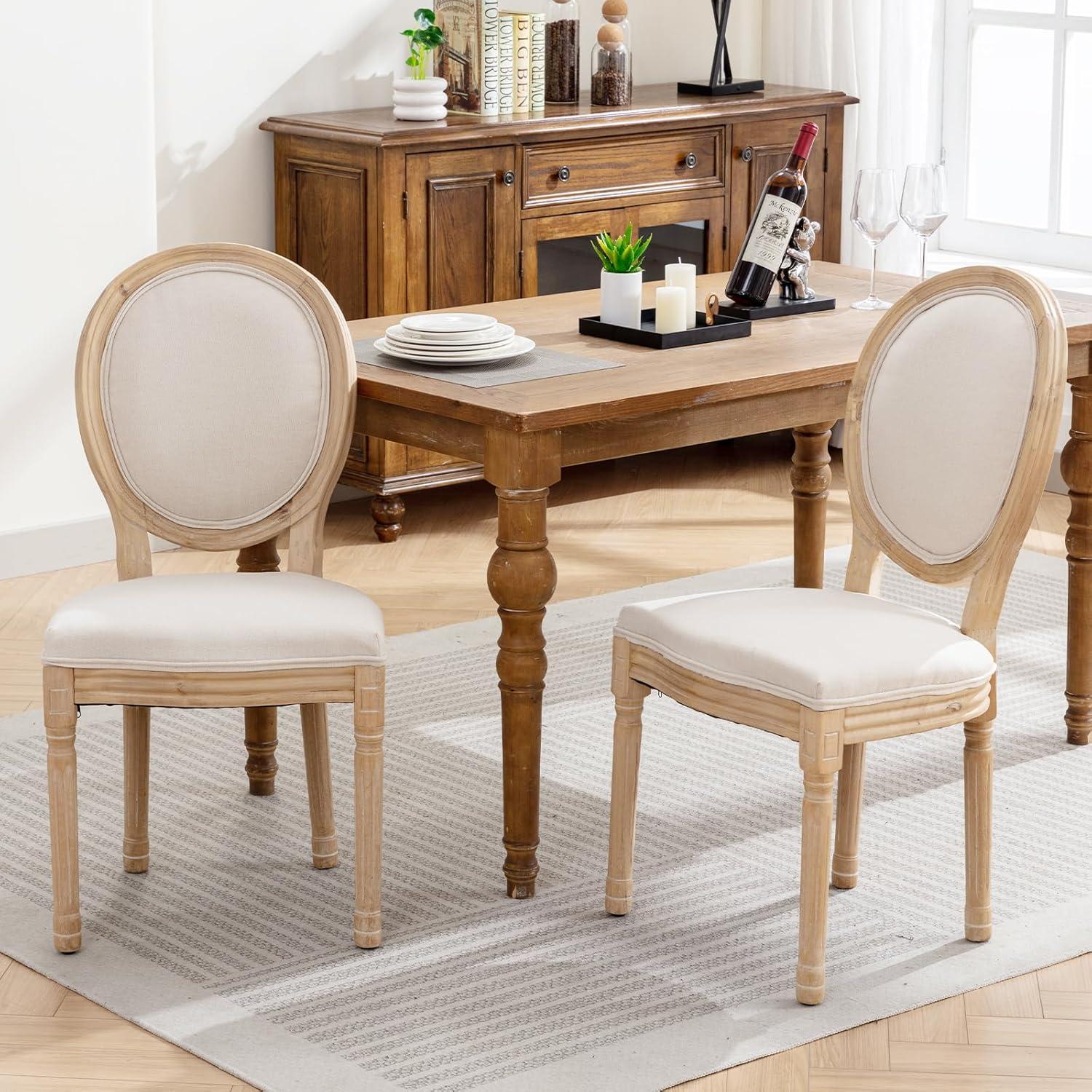 French Country Dining Chairs Set of 4, Cream Kitchen & Dining Room Chairs Set of 4, Ivory Linen Upholstered Dining Chairs, Wood Legs, Sillas De Comedor (Fabric, Beige, 4Pcs)