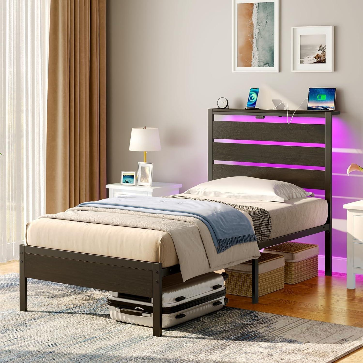 Twin Black Metal Bed Frame with LED Lighted Headboard and Storage