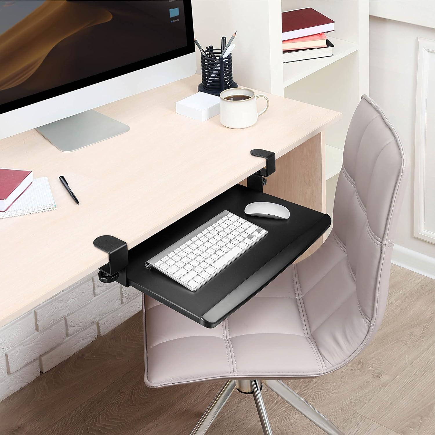 Black Adjustable Clamp-On Retractable Keyboard Tray