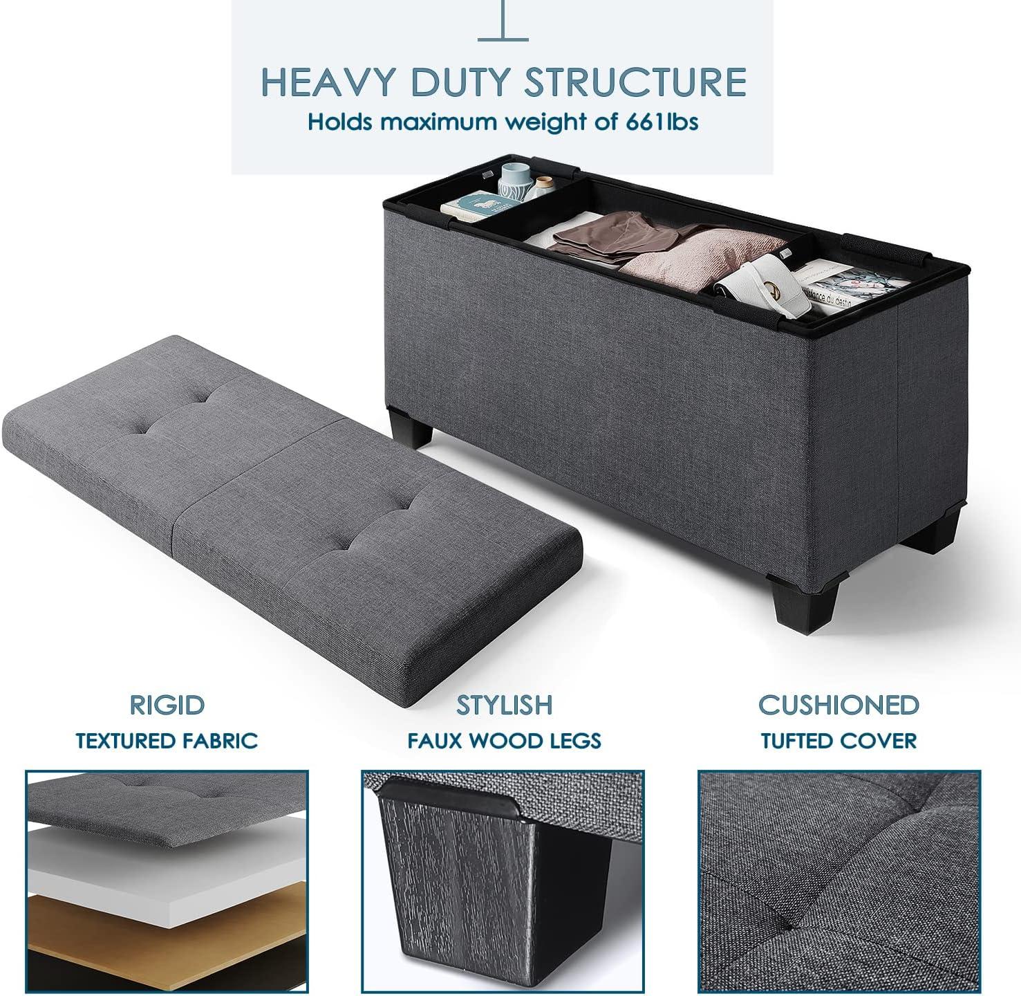 Storagebud Ottoman Storage Bench, Linen 30" Storage Ottoman Bench, Gray