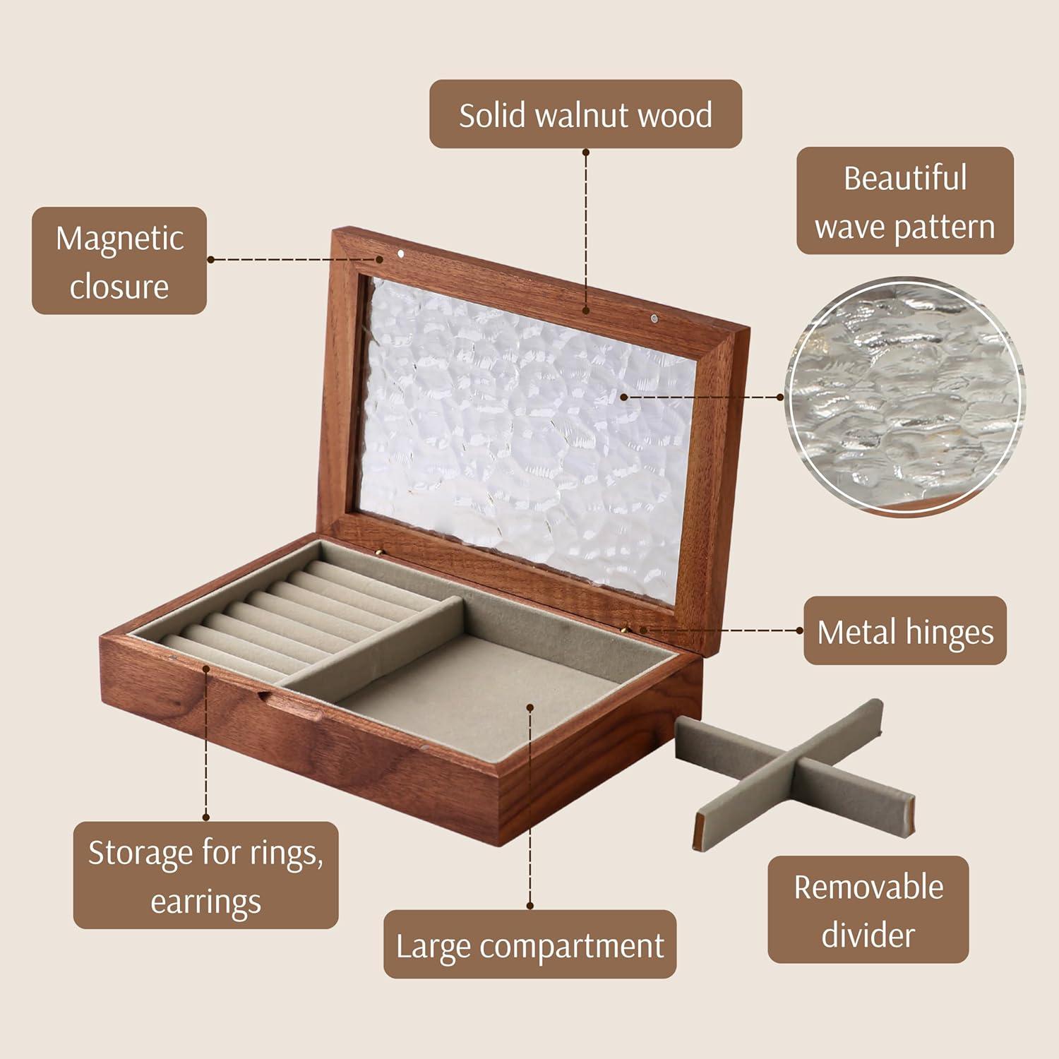 Wooden Jewelry Box, Medium Size Natural Solid Walnut Wood Girls Vintage Trinket Organizer With Large Storage,Walnut