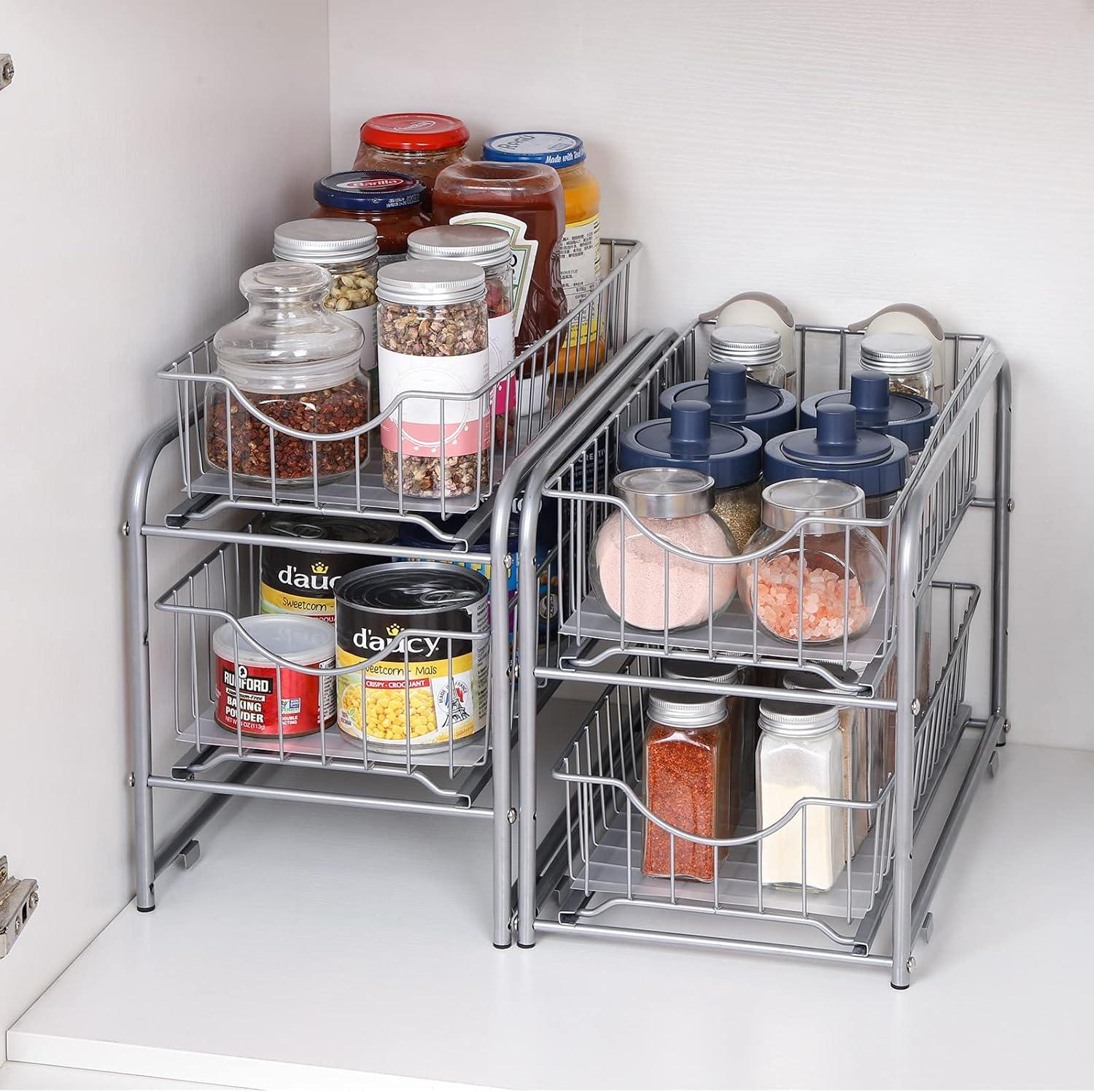 2-Tier Under Sink Storage Sliding Basket Organizer Drawer 2 Pack, Silver