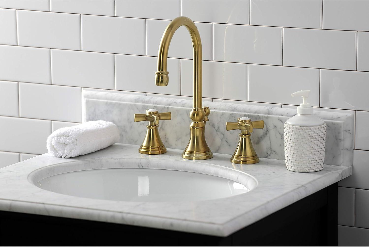 Kingston Brass Millennium Two-Handle 3-Hole Deck Mount Widespread Bathroom Faucet with Brass Pop-Up Drain