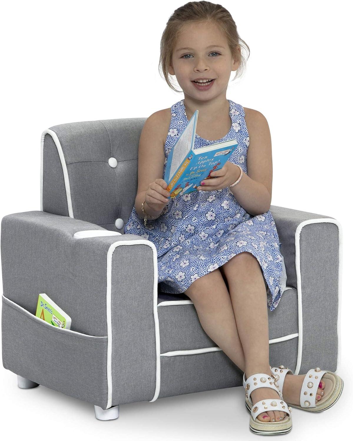 Chelsea Light Grey and White Upholstered Kids Chair with Cup Holder