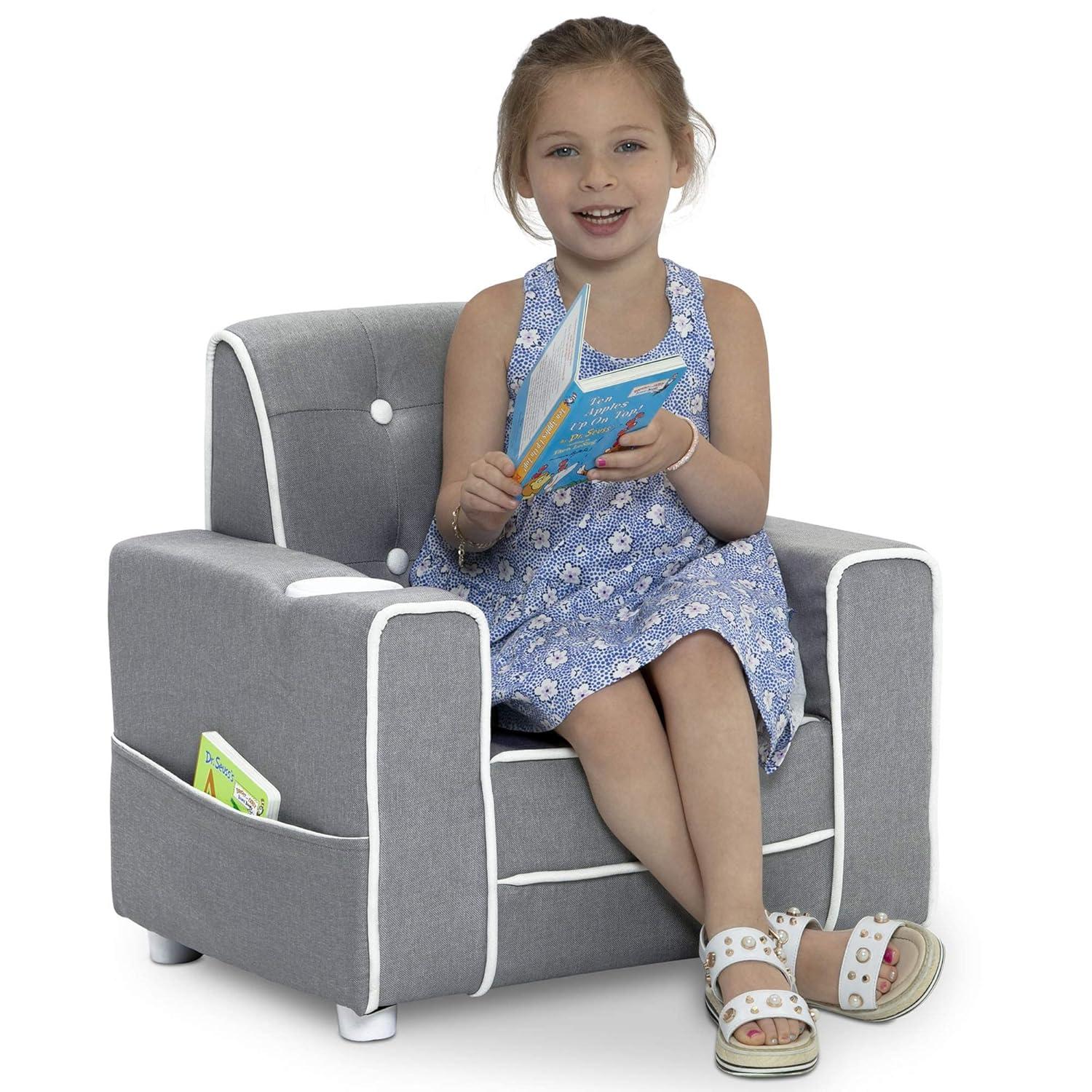 Chelsea Light Grey and White Upholstered Kids Chair with Cup Holder