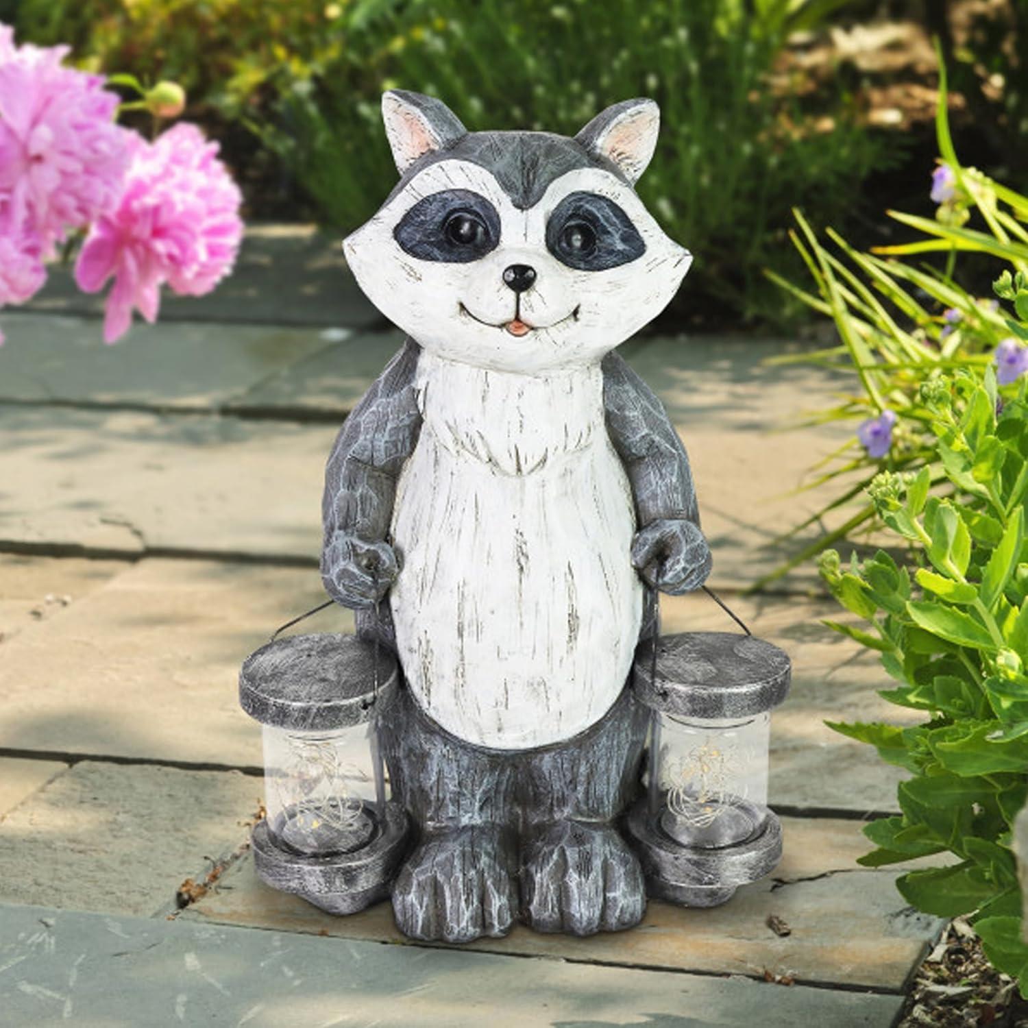 Exhart Solar Firefly Jar Raccoon Garden Statuary, 10 Inches tall