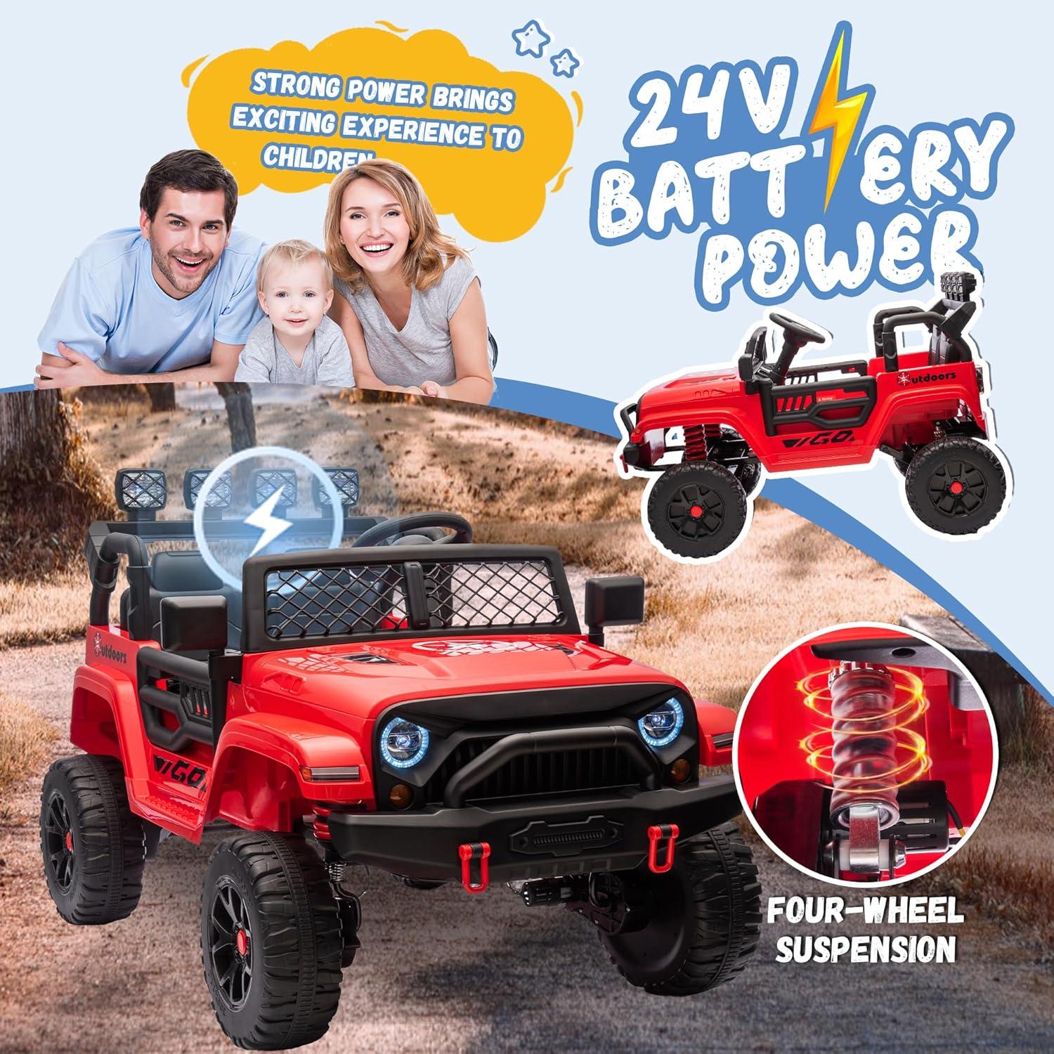 Farmdex 24 Volt Ride on Toys 2 Seater 4WD Ride on Cars with Remote Control, Electric Car for Kids w/ 4x100W, Power Car Wheels for Boys Girls, Kids Ride on Truck w/ Music, LED Light, Bluetooth, Red