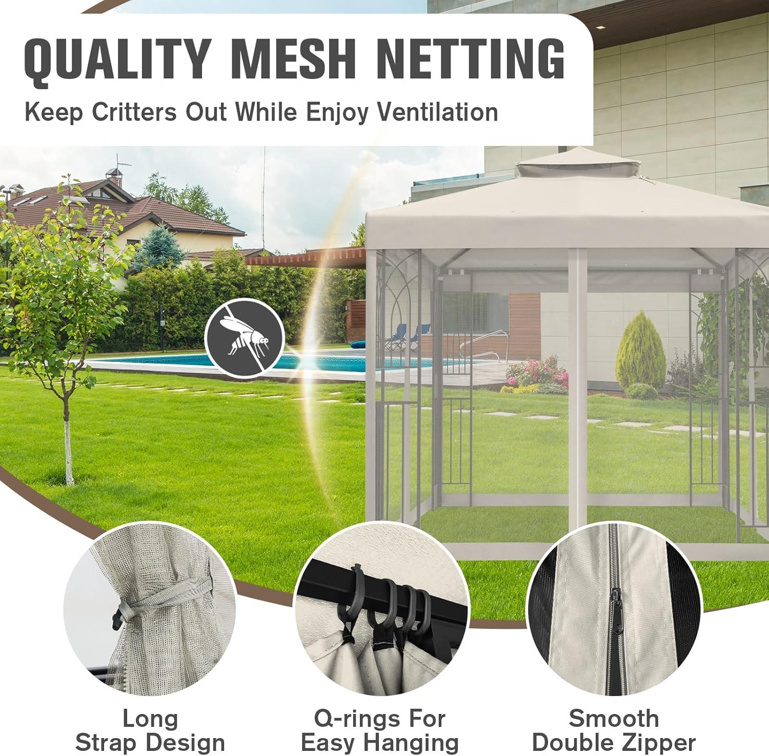 COOS BAY 8 Ft. W x 8 Ft. D Steel Frame Vented Soft Top Patio Gazebo with Mesh Netting, Corner Shelves