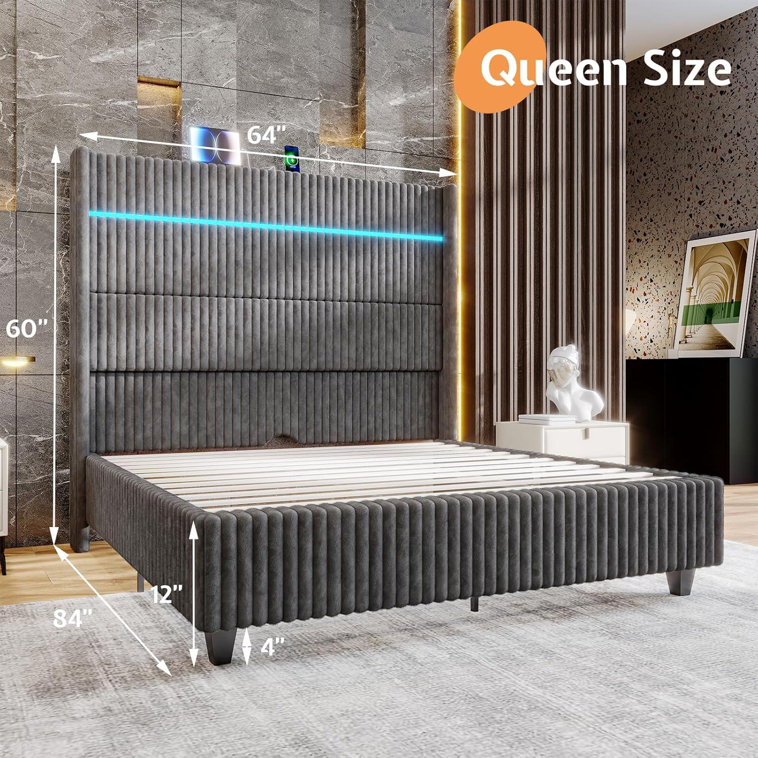 Ivy Bronx LED Bed Frame, Corduroy Upholstered Platform with 60" Tall Headboard & Charging Station