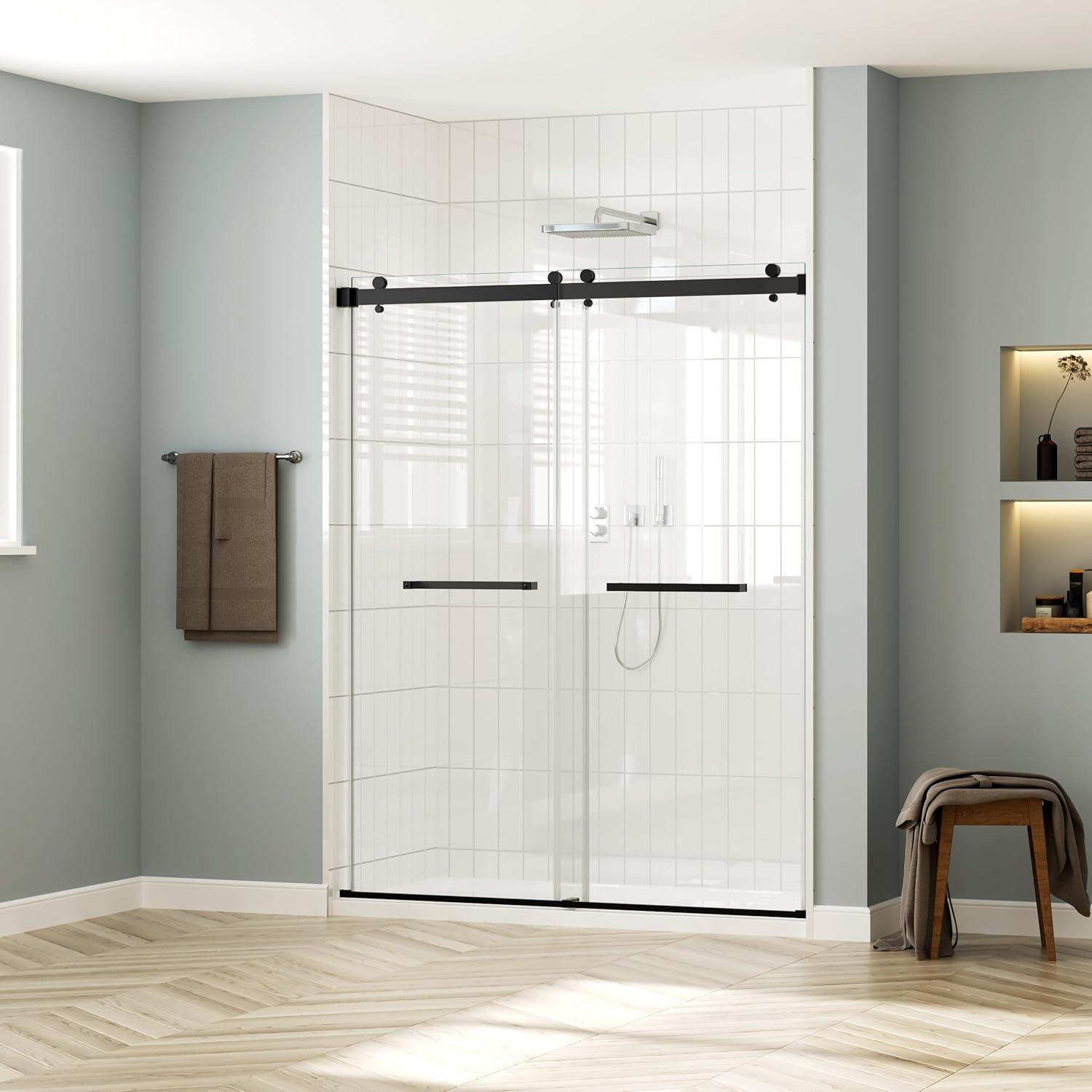 Rizzon 56-60 " W X 76 " H Double Sliding Frameless Shower Door  5/16" Tempered Glass, Stainless Steel Hardware | Wayfair
