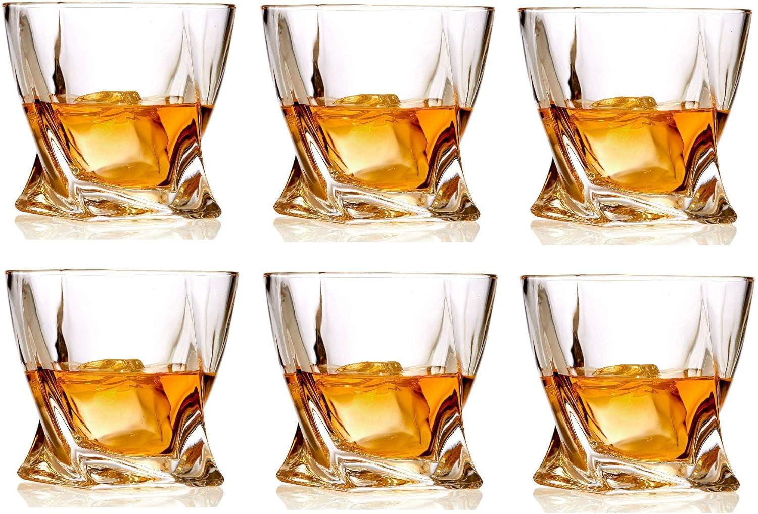 Set of 6 Twist Whiskey Glass - Lead Free Crystal Old Fashioned Glasses  10 Ounce Liqueur & Spirits Glasses