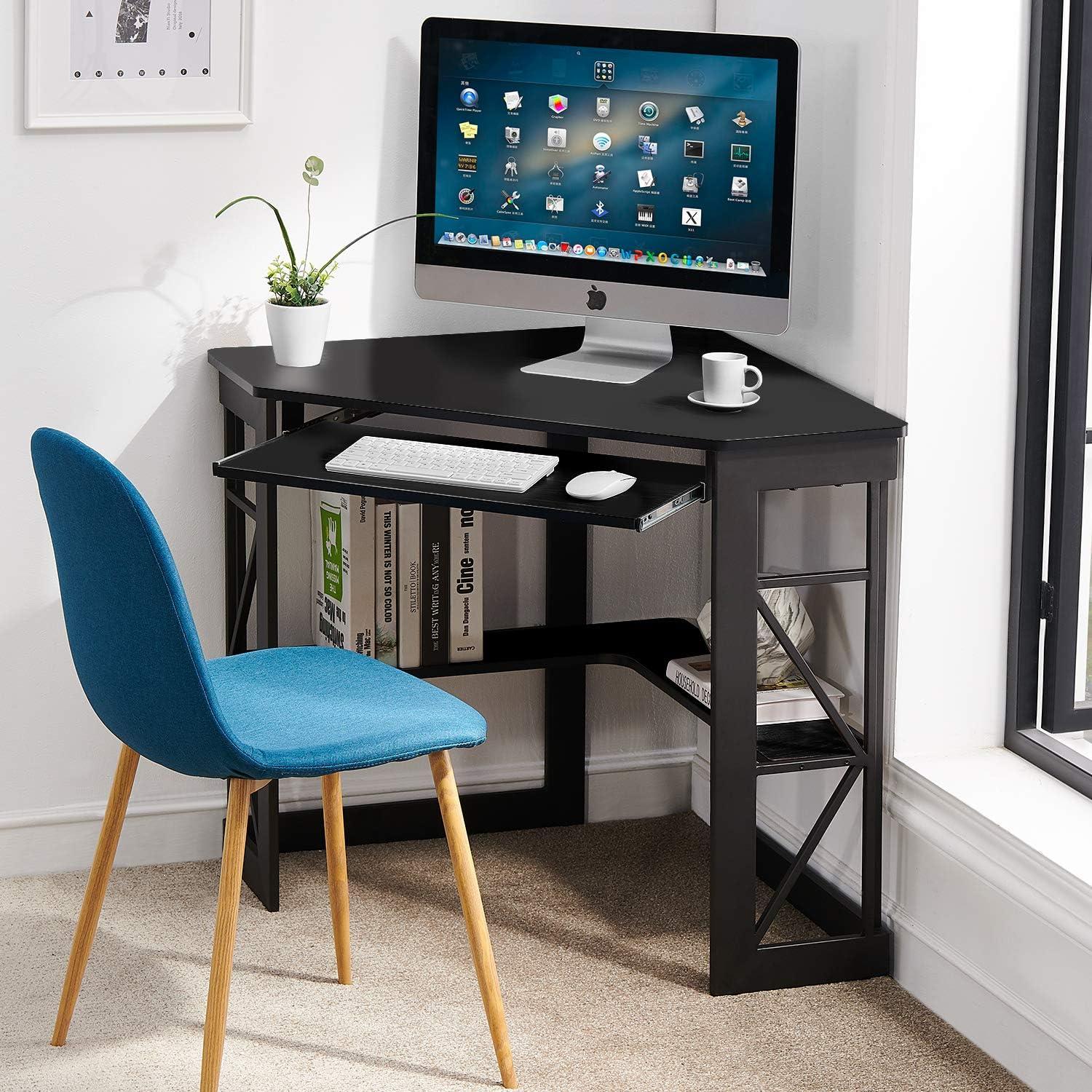 Black Triangular Corner Computer Desk with Keyboard Tray