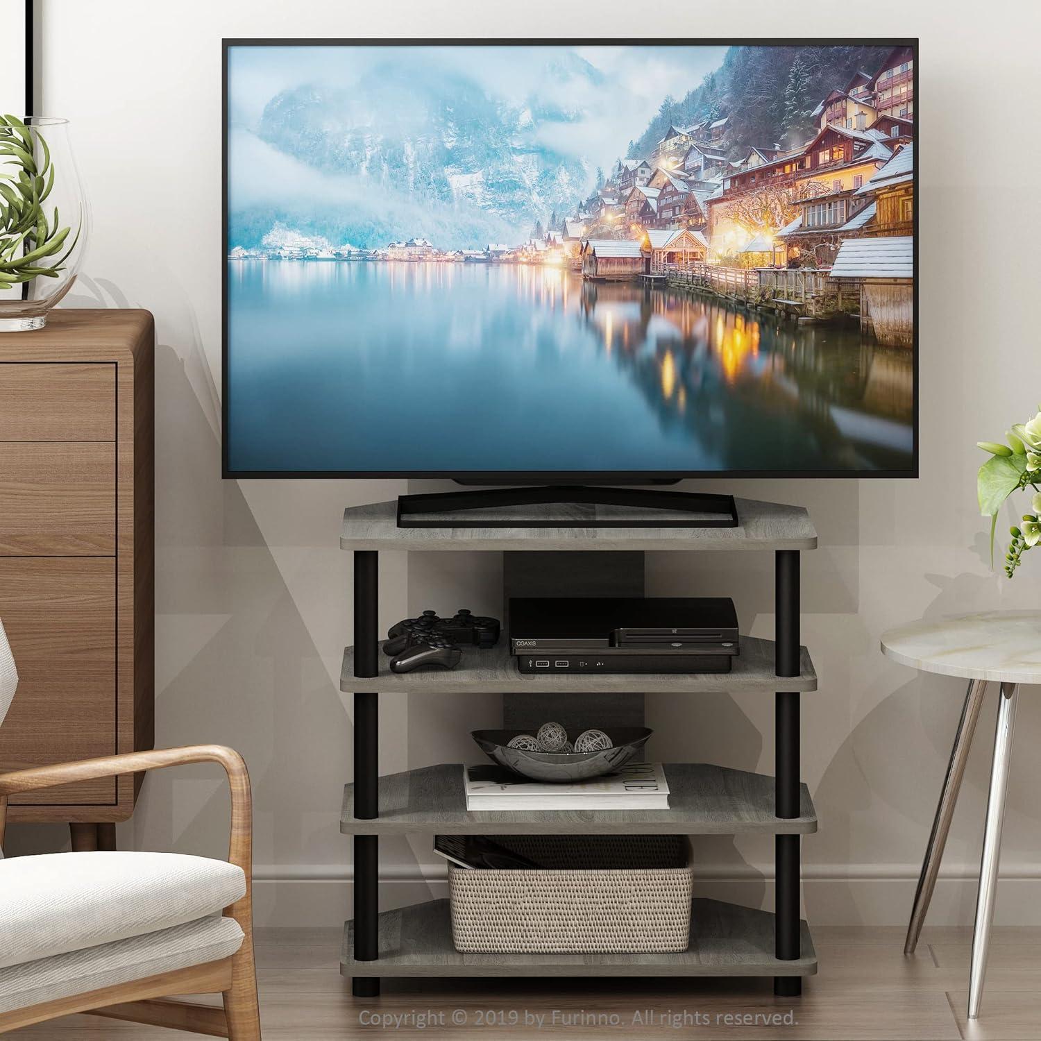 French Oak Grey and Black 4-Tier TV Stand with PVC Tubes