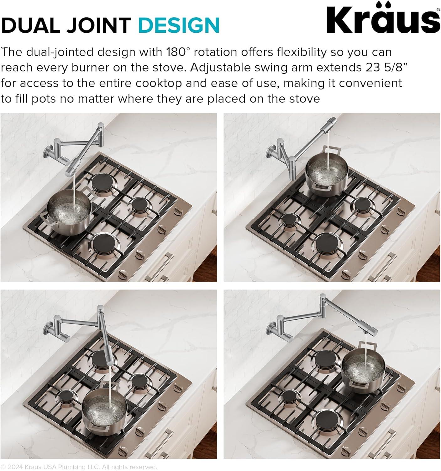 KRAUS Bolden 2 Handle Pot Filler Faucet With Retractable Arm, Wall Mount Kitchen Faucet, Pot Filler For Over Stove
