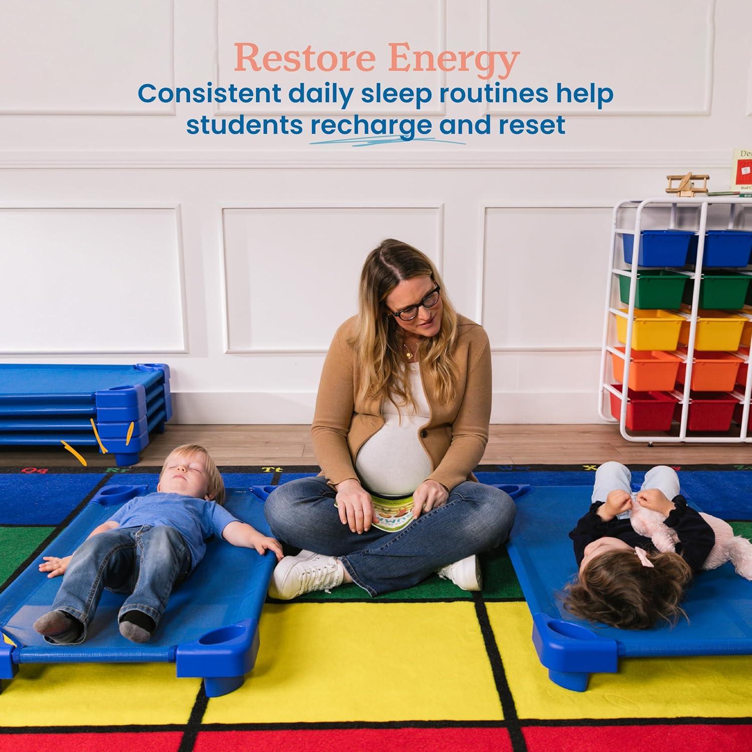 ECR4Kids ECR4Kids Stackable Kiddie Cot with Sheet, Classroom Furniture, Blue (Set of 6)