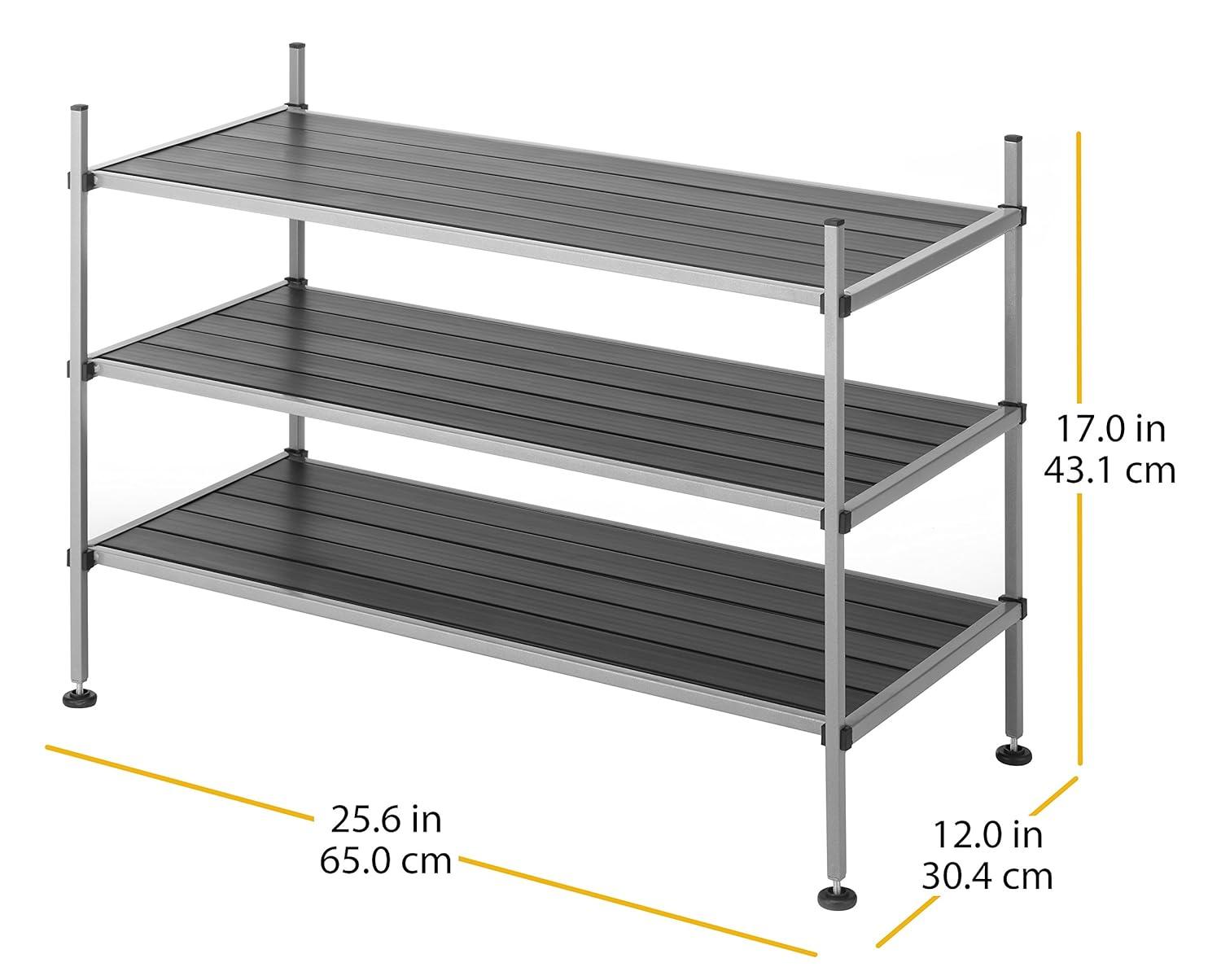 Whitmor 3-Tier Storage Shelves - Shoe Rack and Home Organizer - 12" x 25.625" x 17" - Silver Epoxy Iron Frame