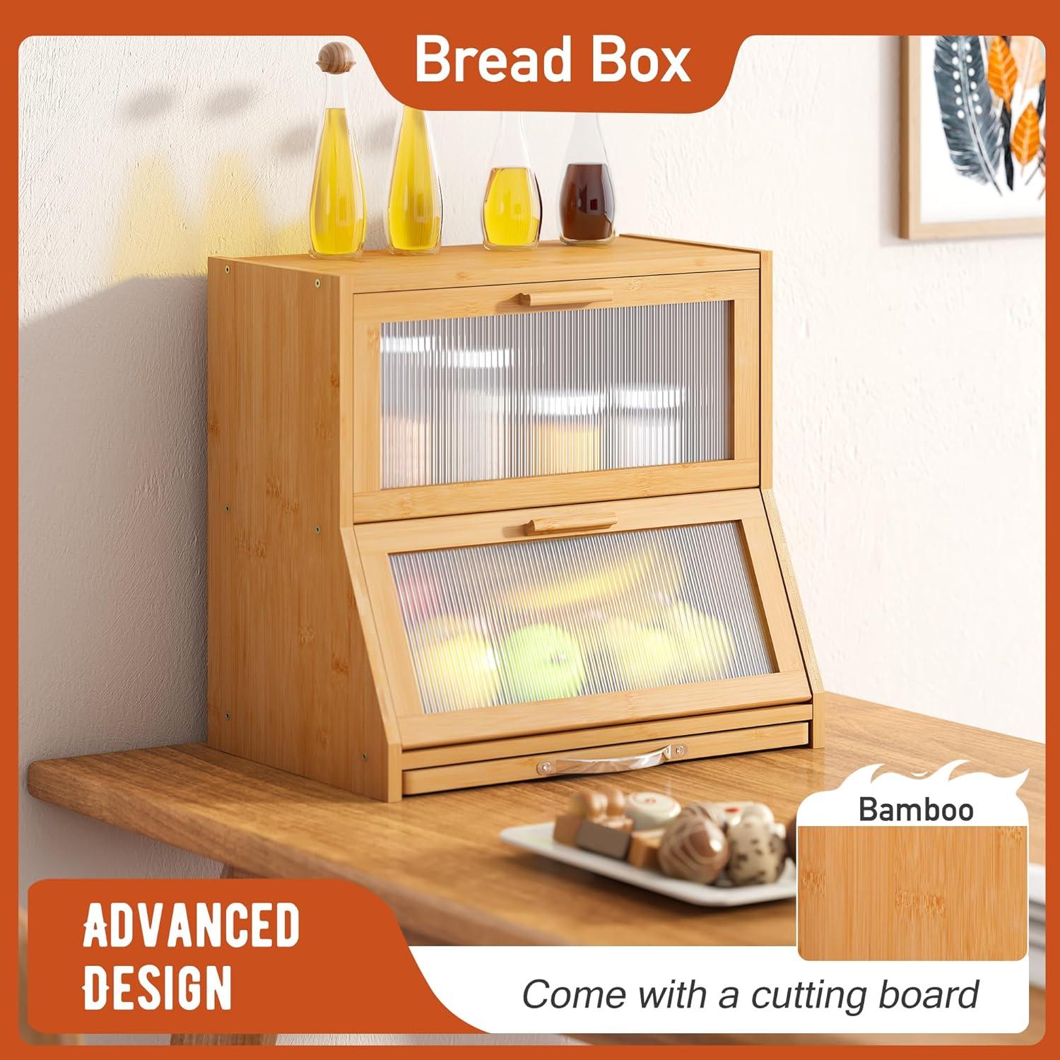 Prep & Savour Large Bread Box For Kitchen Counter, Bamboo Wooden Double Layer Large Capacity Bread Storage Bin With Acrylic Wavy Door Panel (Natural + Cutting Board)