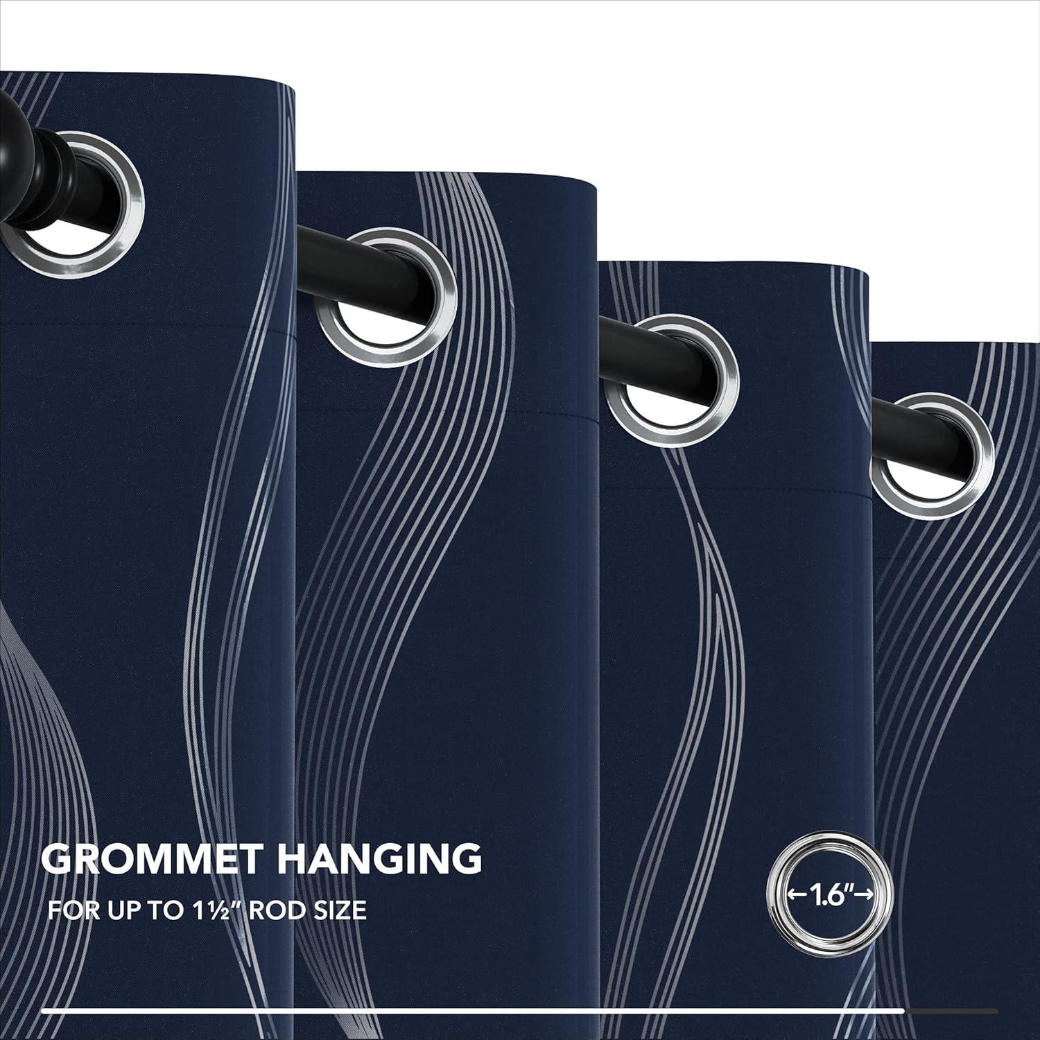 Deconovo Grommet Wave Line Foil Printed Thermal Insulated Blackout Curtains for Children 2 Panels 52x84 inch Navy Blue