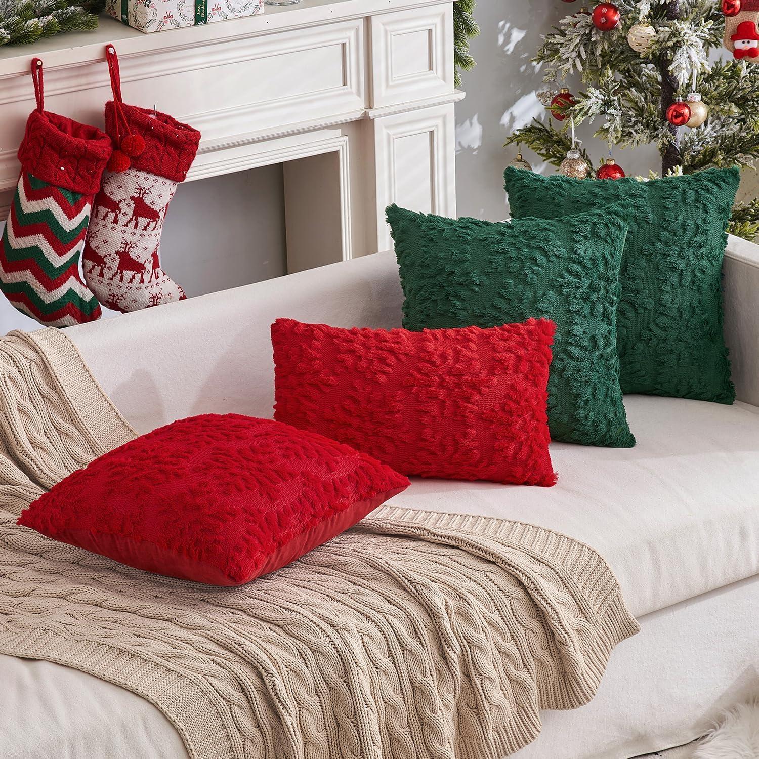 Red Faux Wool Snowflake Decorative Pillow Covers 12x20 Inch Set