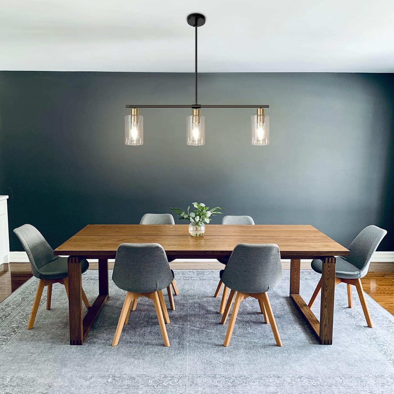 Black and Gold Linear Metal Chandelier with Clear Glass Shades