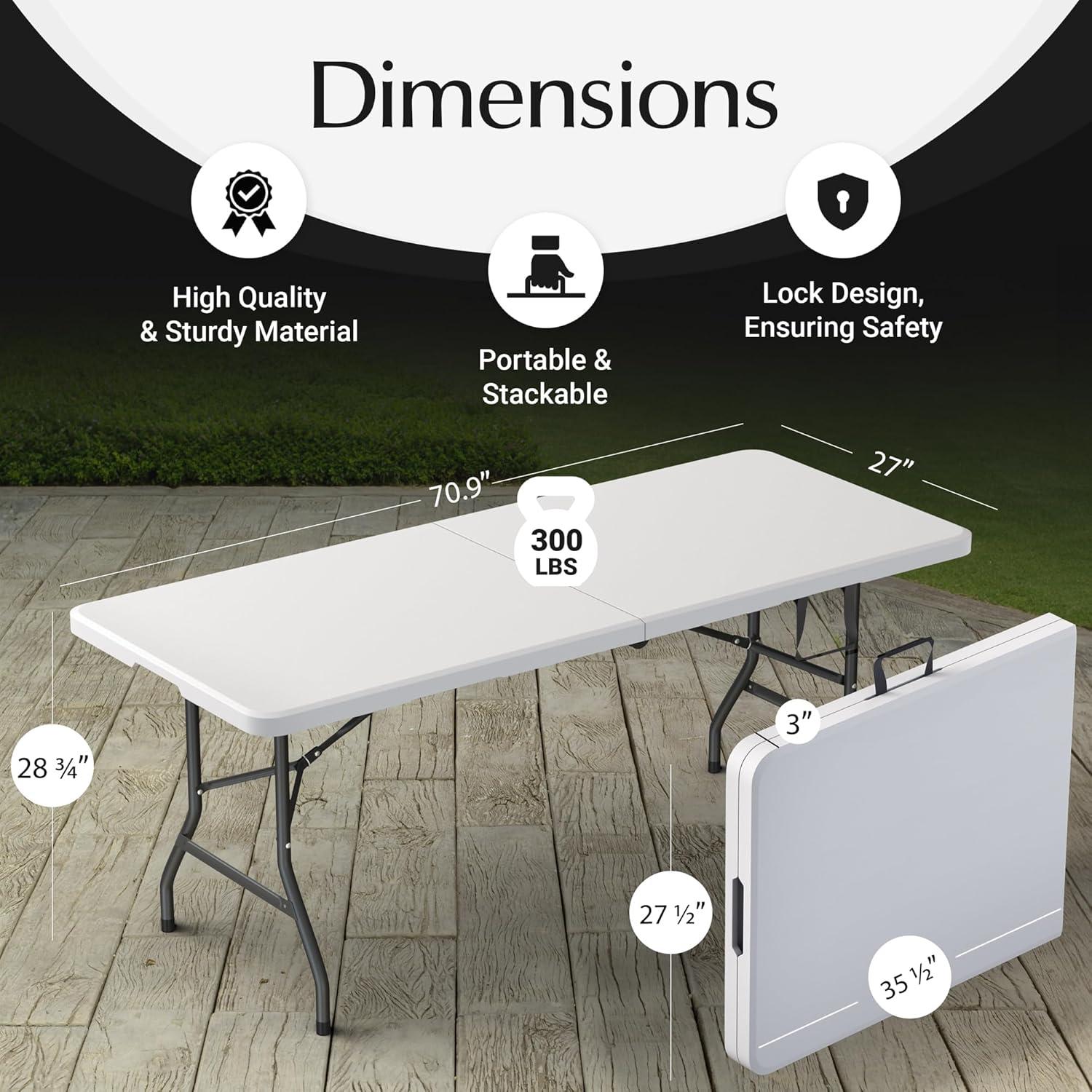 CL.HPAHKL 6 Foot Folding Table with Carrying Handle, Portable Plastic Camping Table Fold in Half, 6 ft Foldable Table with Sturdy Steel Frame for Indoor Outdoor Camping, Picnic and Party, White