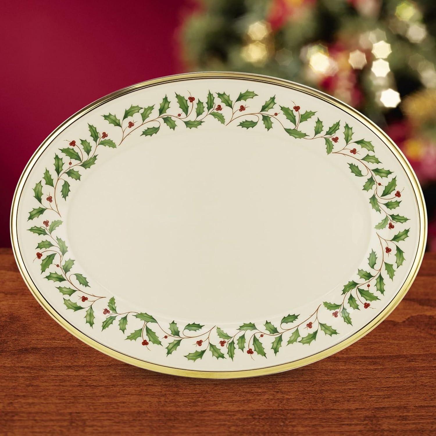 Ivory Ceramic Oval Platter with Gold Rim and Holly Design