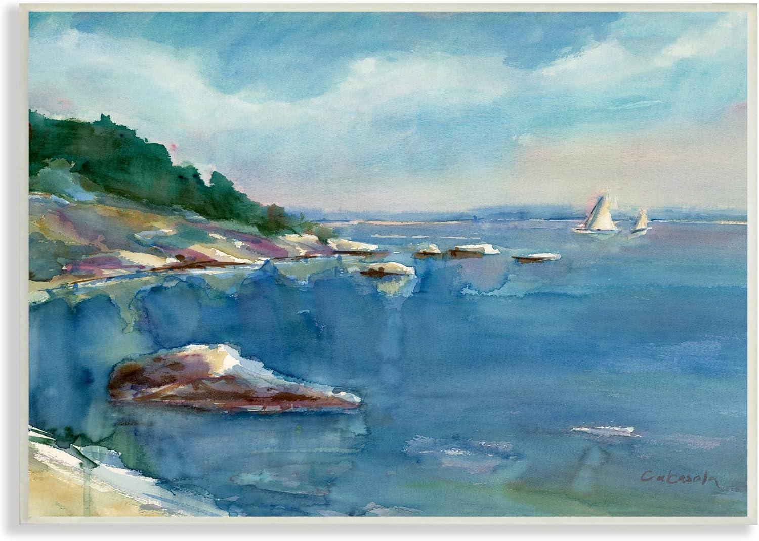 Rocky Beach Cliffs Watercolor Print on MDF Wood