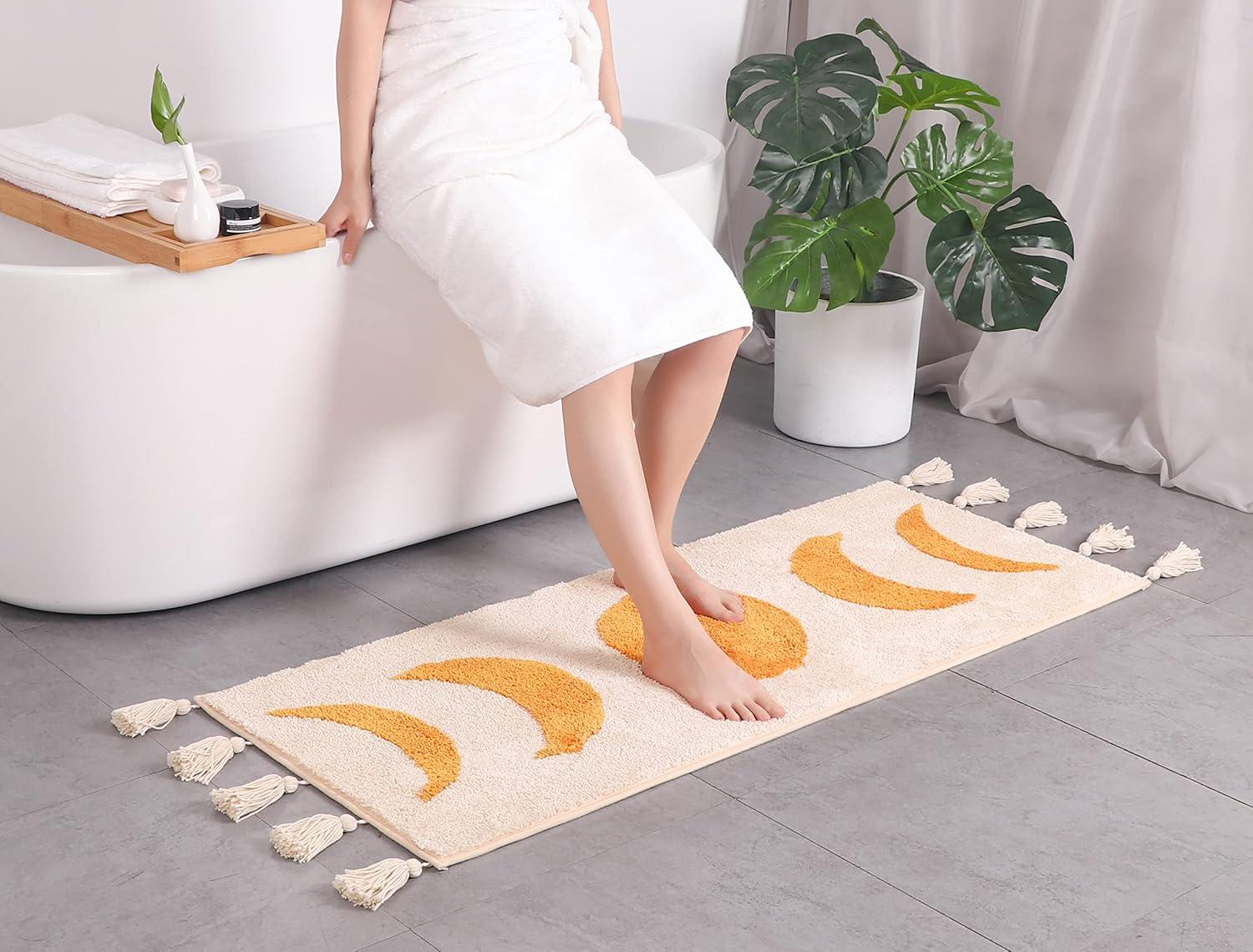 Boho Bathroom Rug Runner Moon Phases Bath Mat with Tassels - Half Moon Bohemian Rugs for Bathroom, Bedroom, Shower Moon Rug for Hippie, Witchy Decor - Boho Area Rug Beige Neutral Creamy Orange 20x50