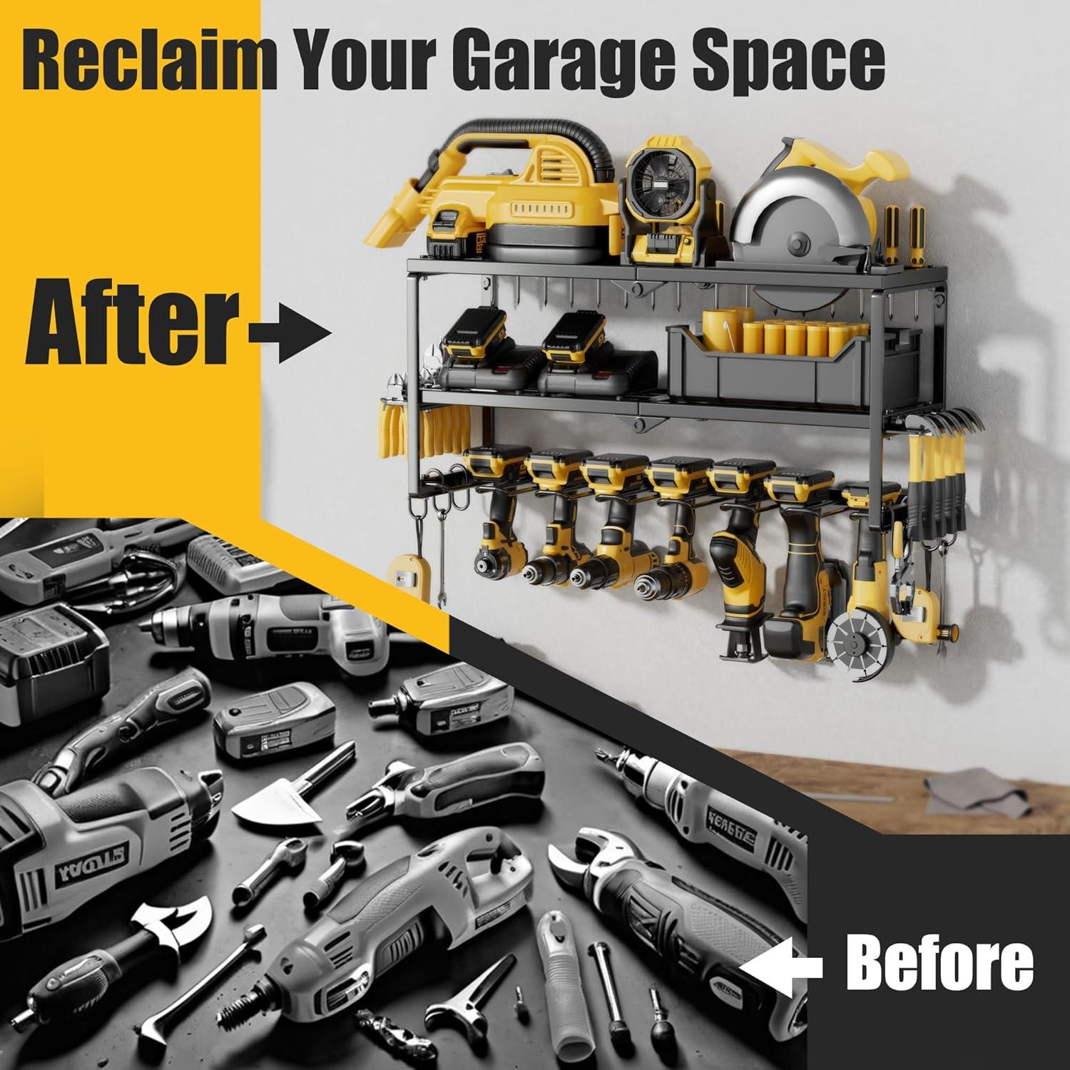 Power Tool Organizer, 7 Drill Holder for Tool Organizer, Storage and Organization for Garage, Heavy Duty Metal Tool Shelf Utility Rack for Cordless Power Tools Suitable for Pegboard/Workshop