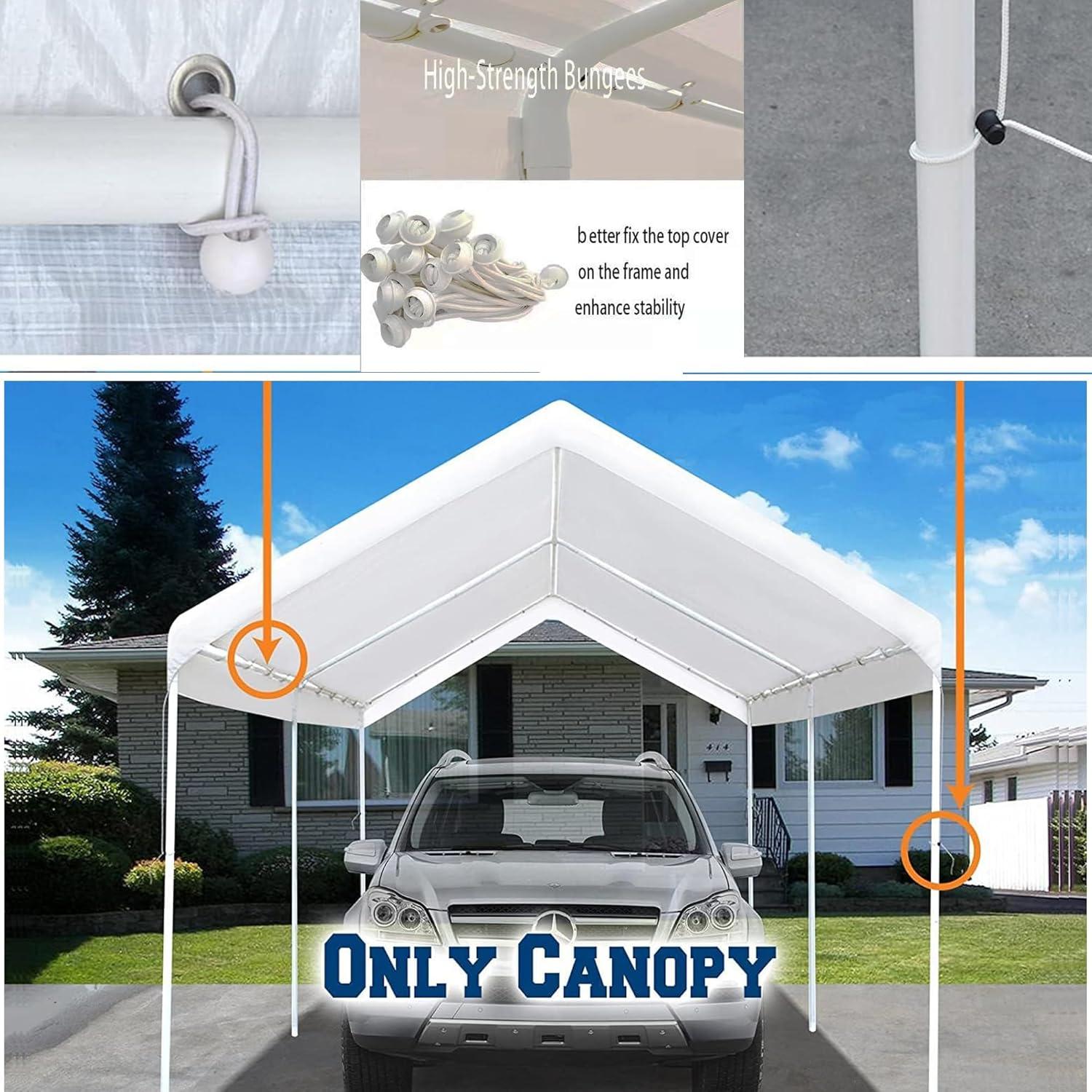 White 10'x20' PE Carport Replacement Canopy Cover with Bungees