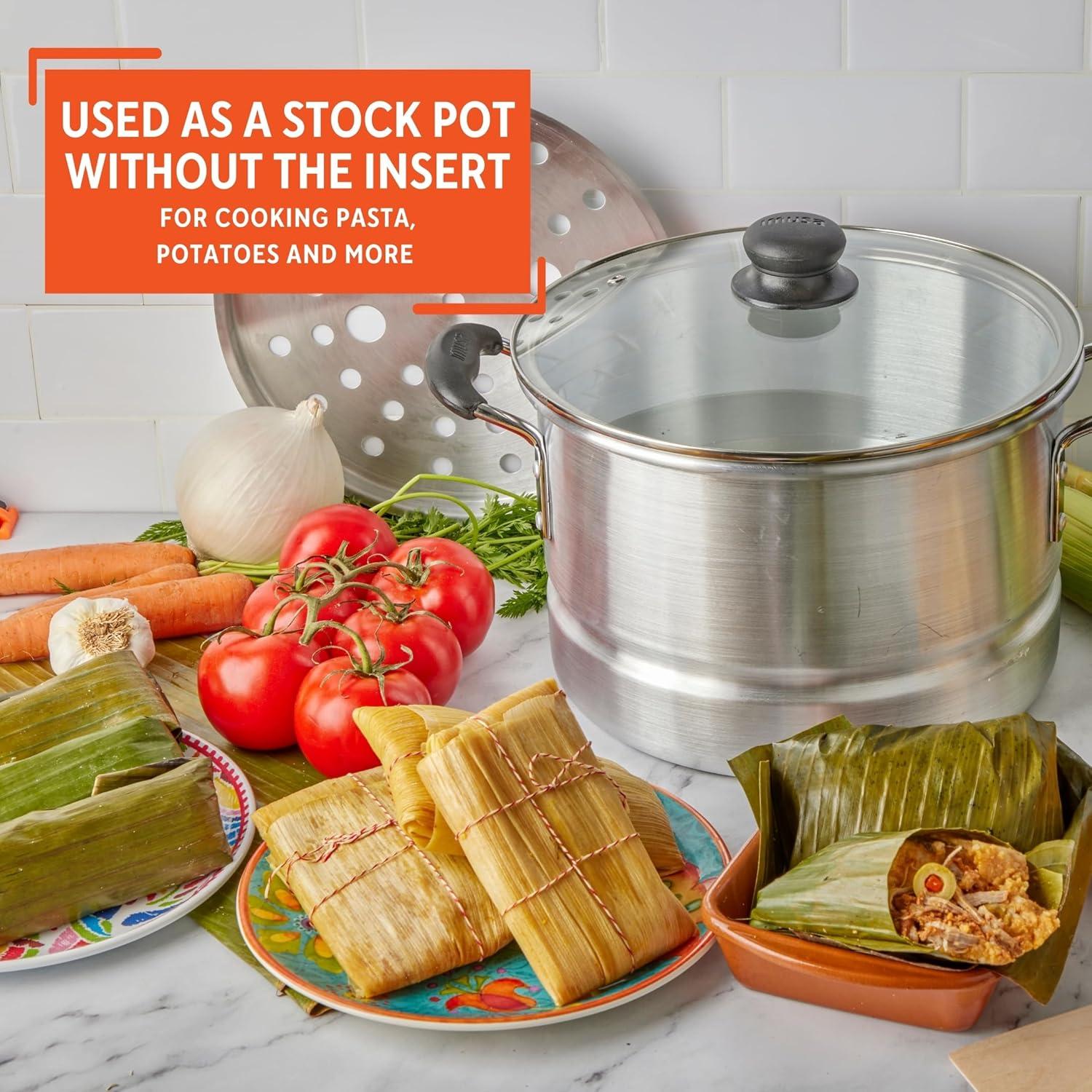 Imusa 10Qt Aluminum Steamer or Stock Pot with Glass Lid & Removable Rack