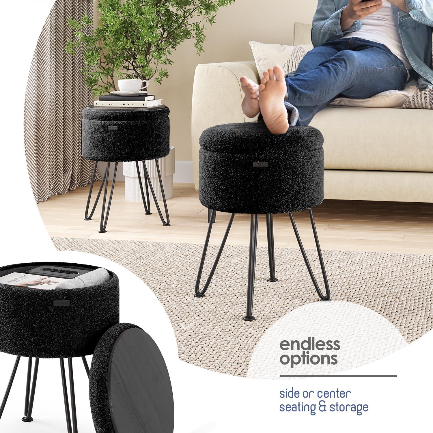 StorageBud Round Ottoman with Storage, Boucle Storage Ottoman, Modern Foot Stool Ottoman for Living Room and Bedroom, Black/Black Legs