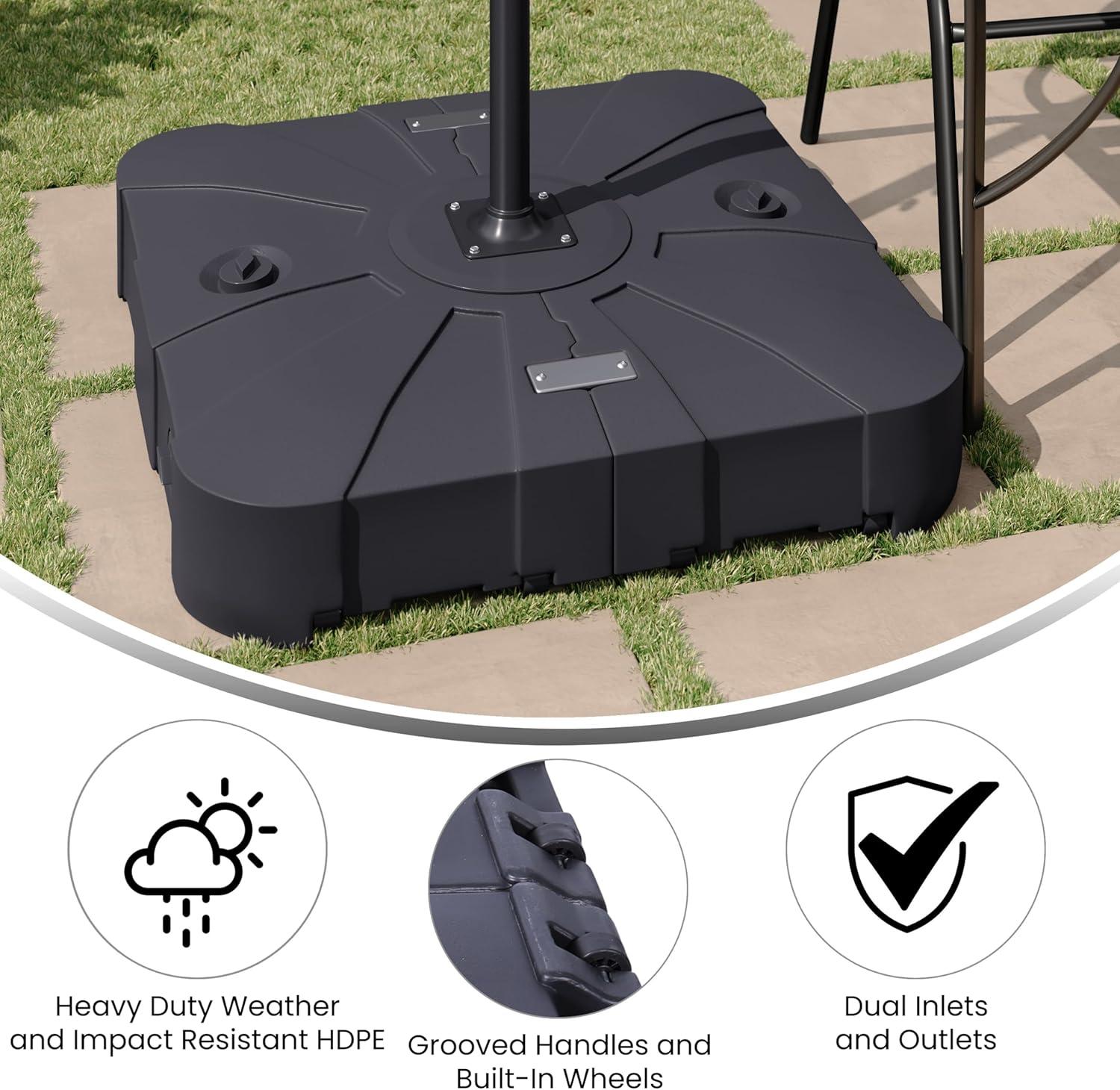 Flash Furniture Hank Heavy Duty Weather-Resistant Universal Offset Umbrella Base with Grooved Handles and Built-In Wheels in Black