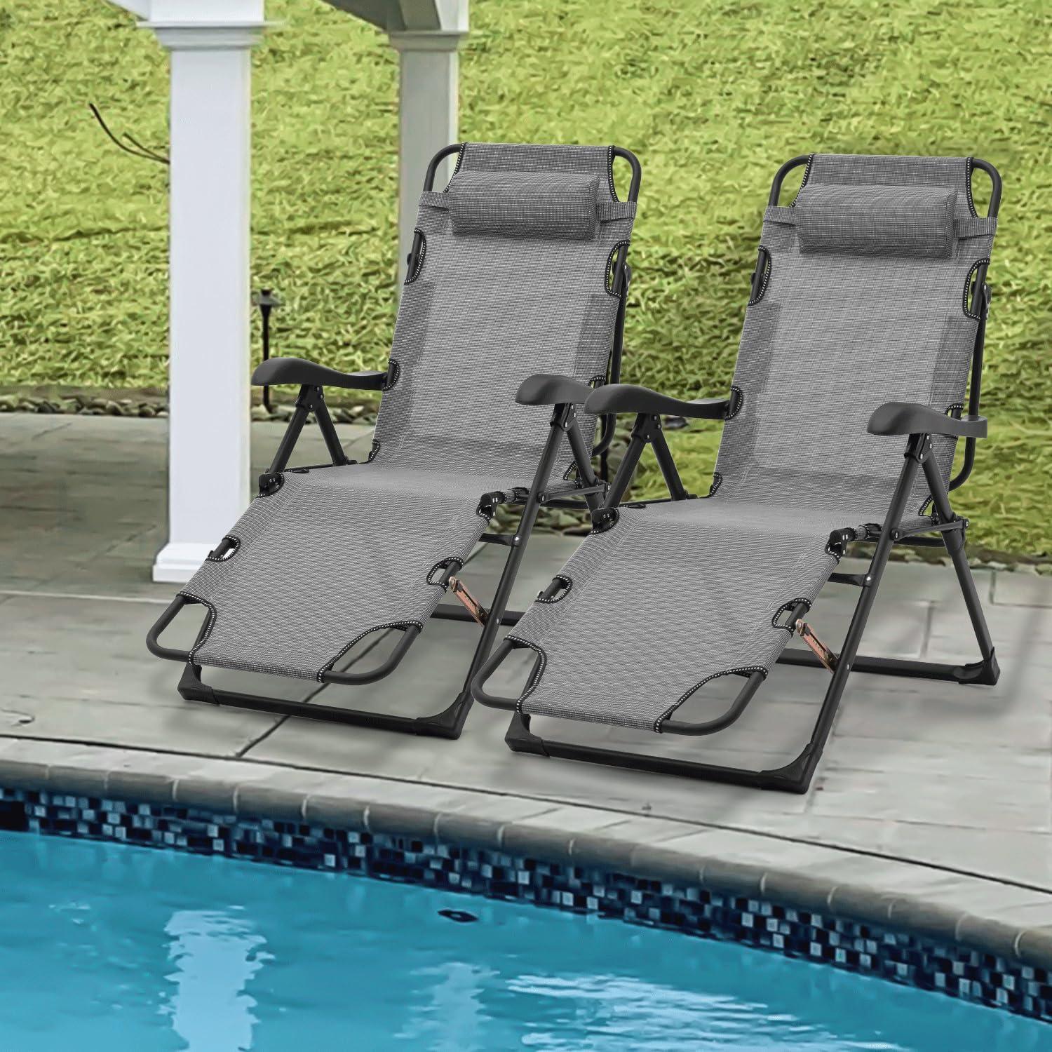 Outdoor Bench Chaies Folding Reclining Lounge Chair with Pillow (Set of 2)