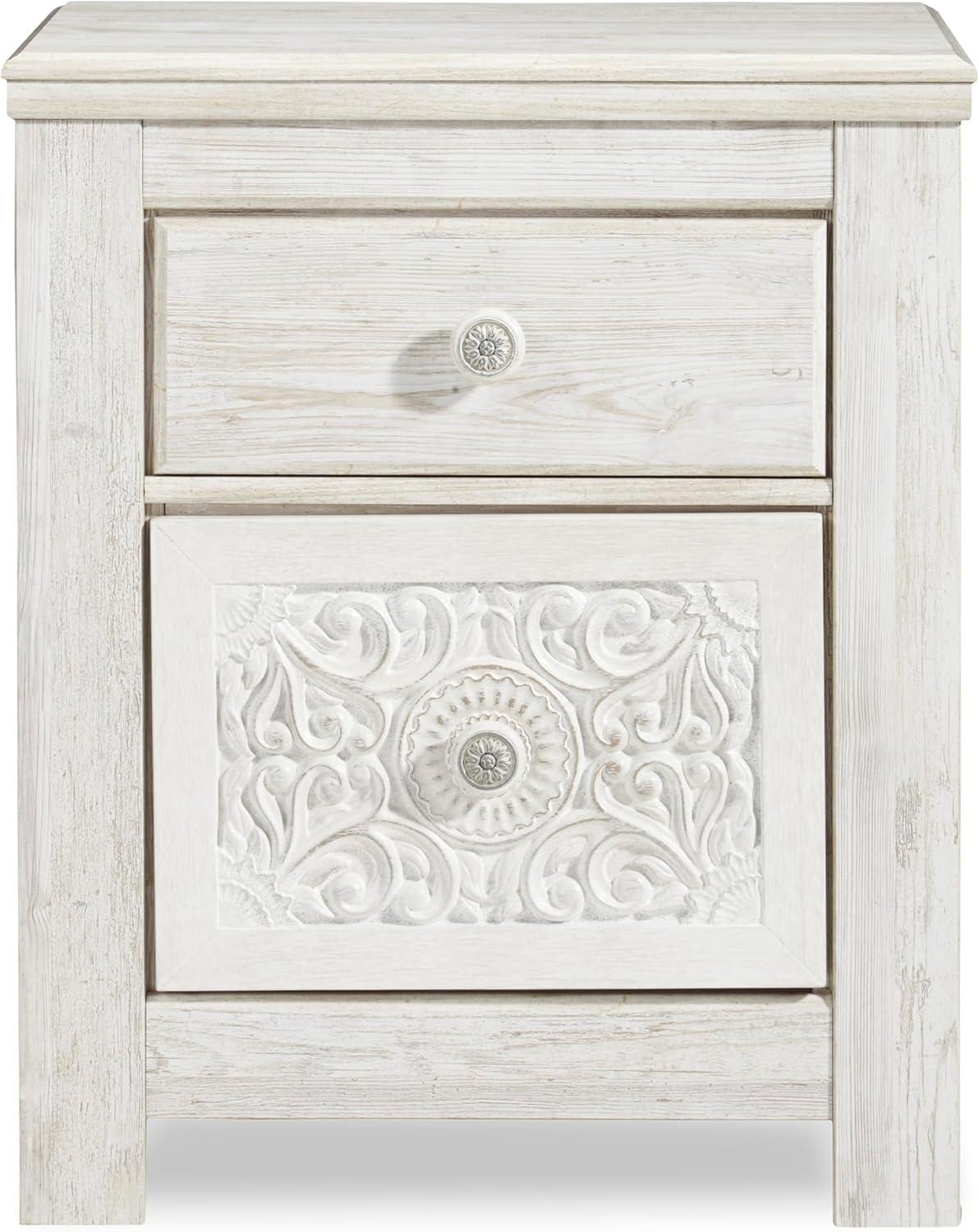 Paxberry Two Drawer Nightstand White Wash - Signature Design by Ashley: Traditional Style, USB Port, Storage Function