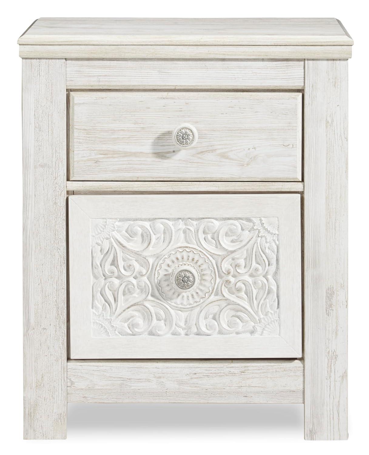 Paxberry Two Drawer Nightstand White Wash - Signature Design by Ashley: Traditional Style, USB Port, Storage Function