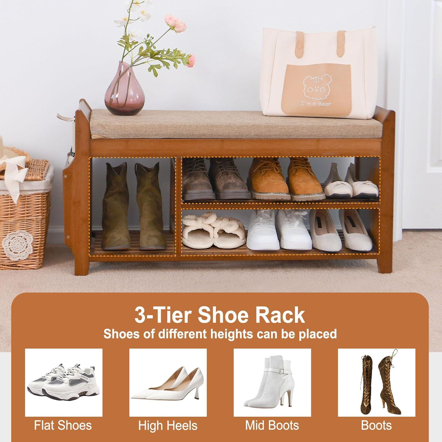 Bamboo 2-Tier Shoe Storage Bench with Hidden Drawer