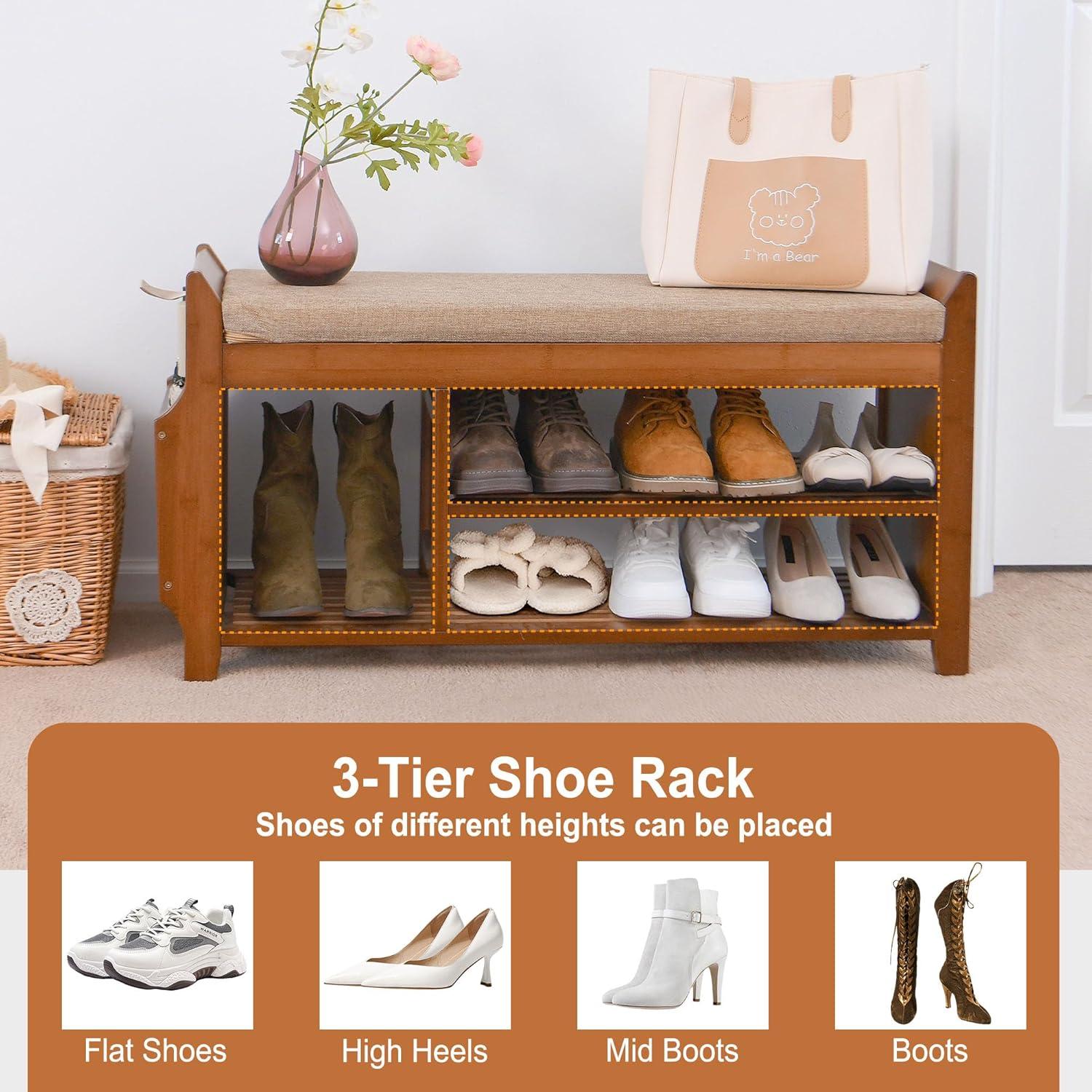 Bamboo 2-Tier Shoe Storage Bench with Hidden Drawer