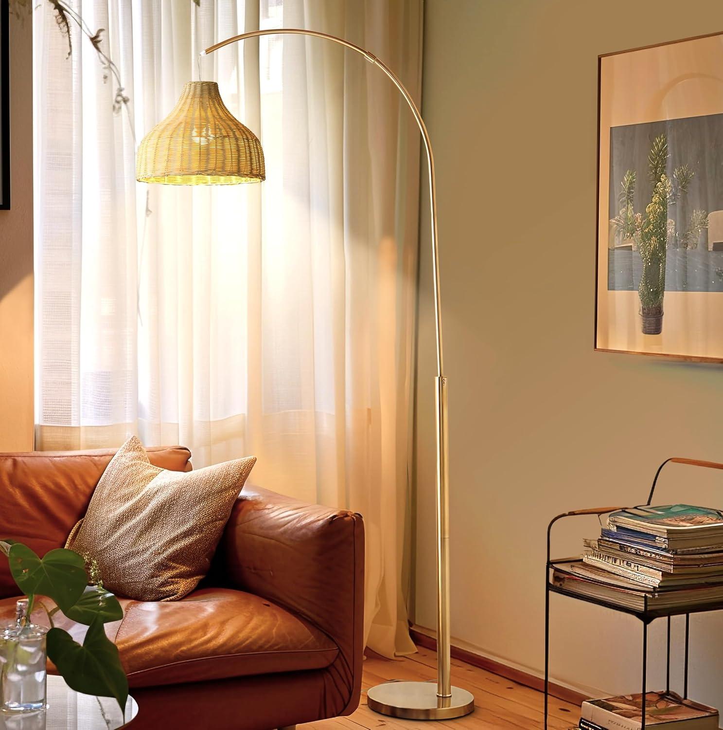 Lark 75 in. LED Arc Boho Floor Lamp with Rattan Shade and Brass Finish