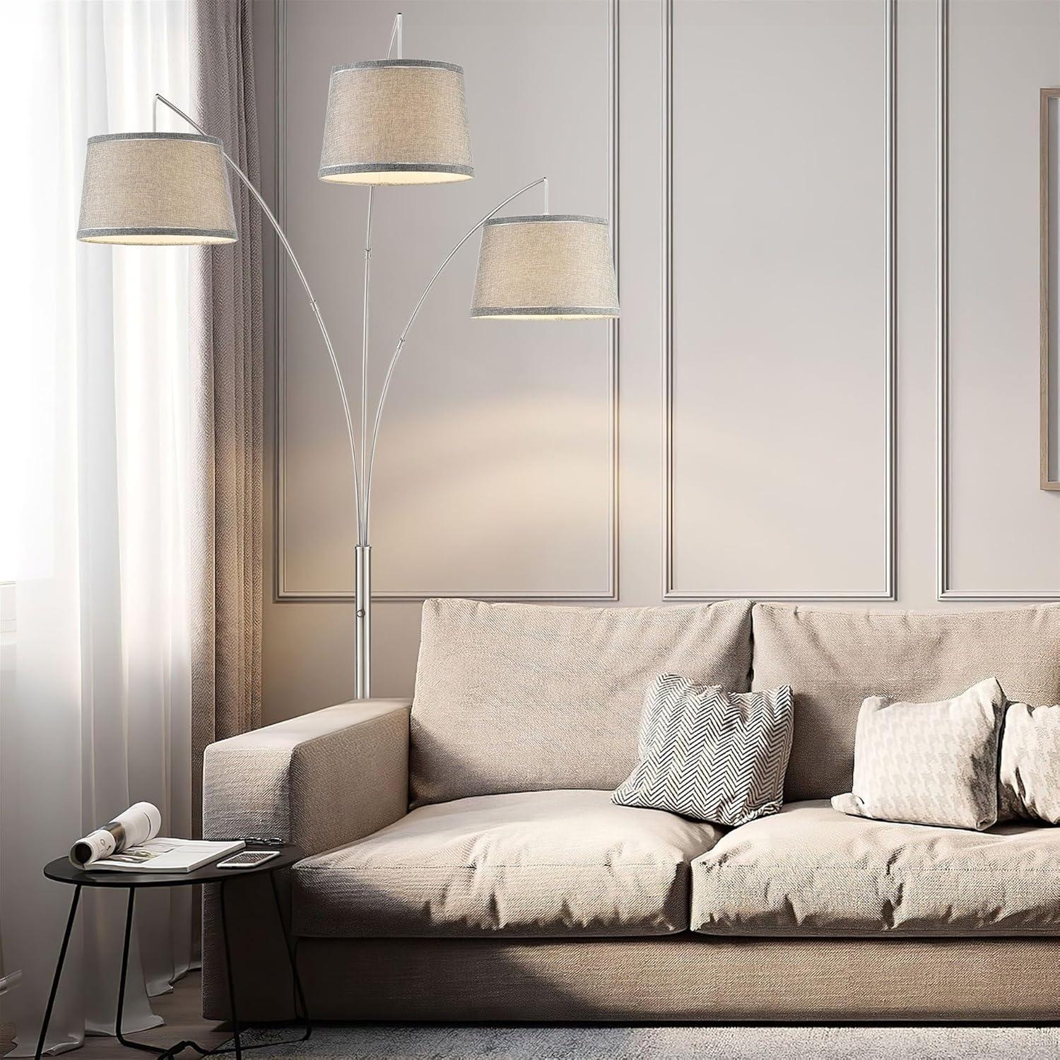 Kira Home Akira 80" Modern 3-Light Arc Floor Lamp with 3-Way Switch, Beige Burlap Drum Shades + Antique Bronze Finish
