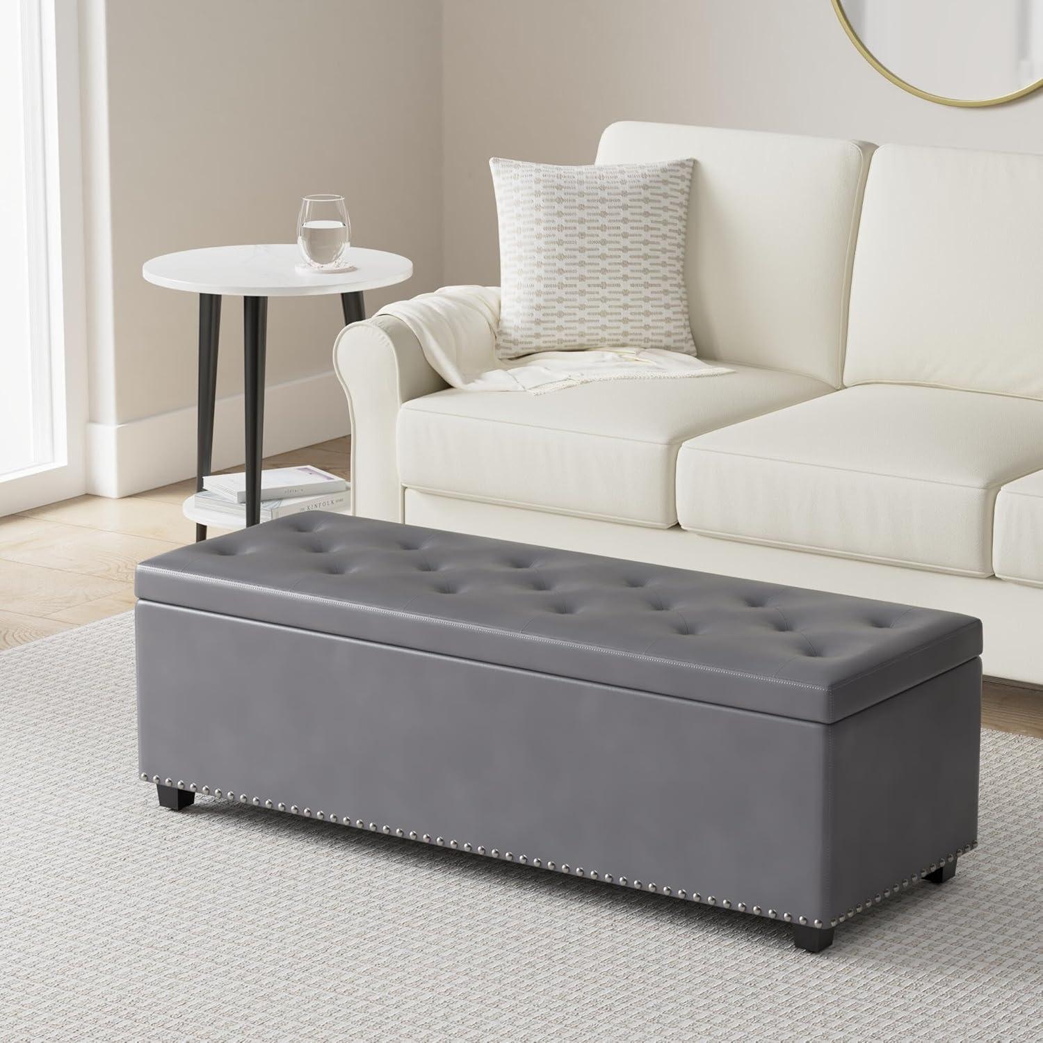 Simpli Home Hamilton 48"W Upholstered Storage Ottoman Bench with Lift-Top Lid, Tufted Design, and Nailhead Trim