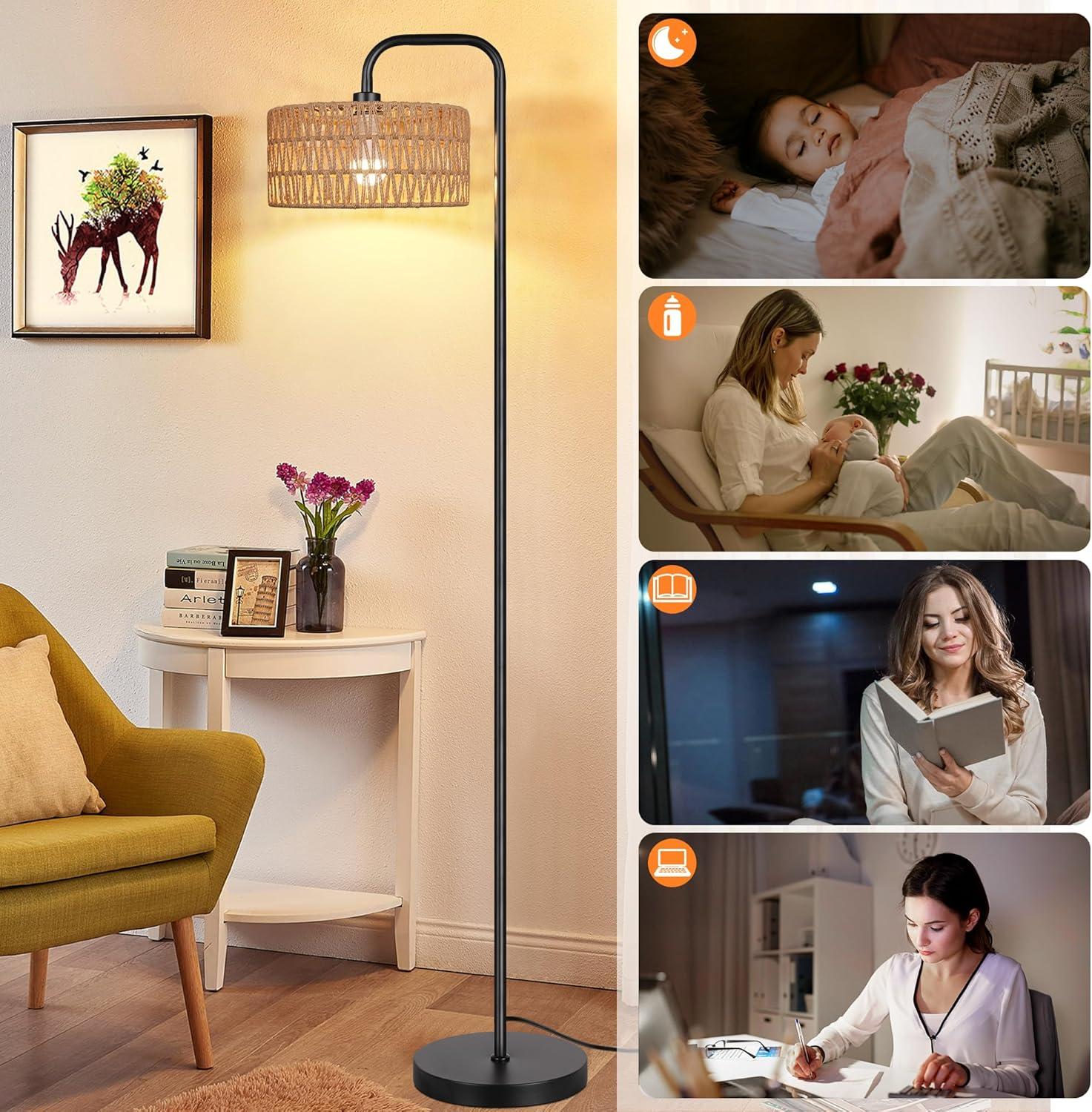 PARTPHONER Farmhouse Floor Lamp, 68''Tall Lamp for Living Room with Remote 3 Color Temperatures Boho Standing Lamp with Rattan Shades for Bedroom Study Room Office Hotel, Bulb Include