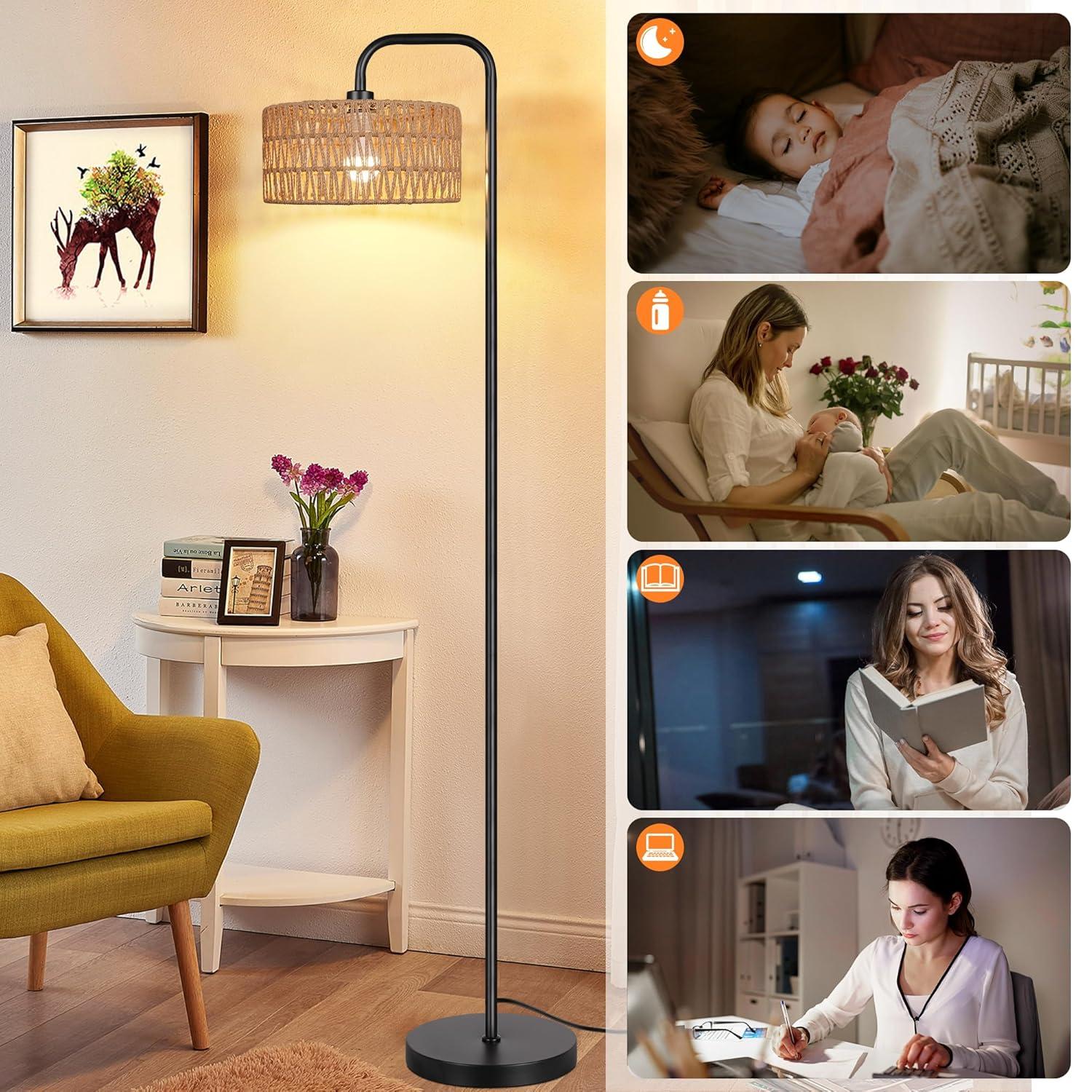 PARTPHONER Farmhouse Floor Lamp, 68''Tall Lamp for Living Room with Remote 3 Color Temperatures Boho Standing Lamp with Rattan Shades for Bedroom Study Room Office Hotel, Bulb Include