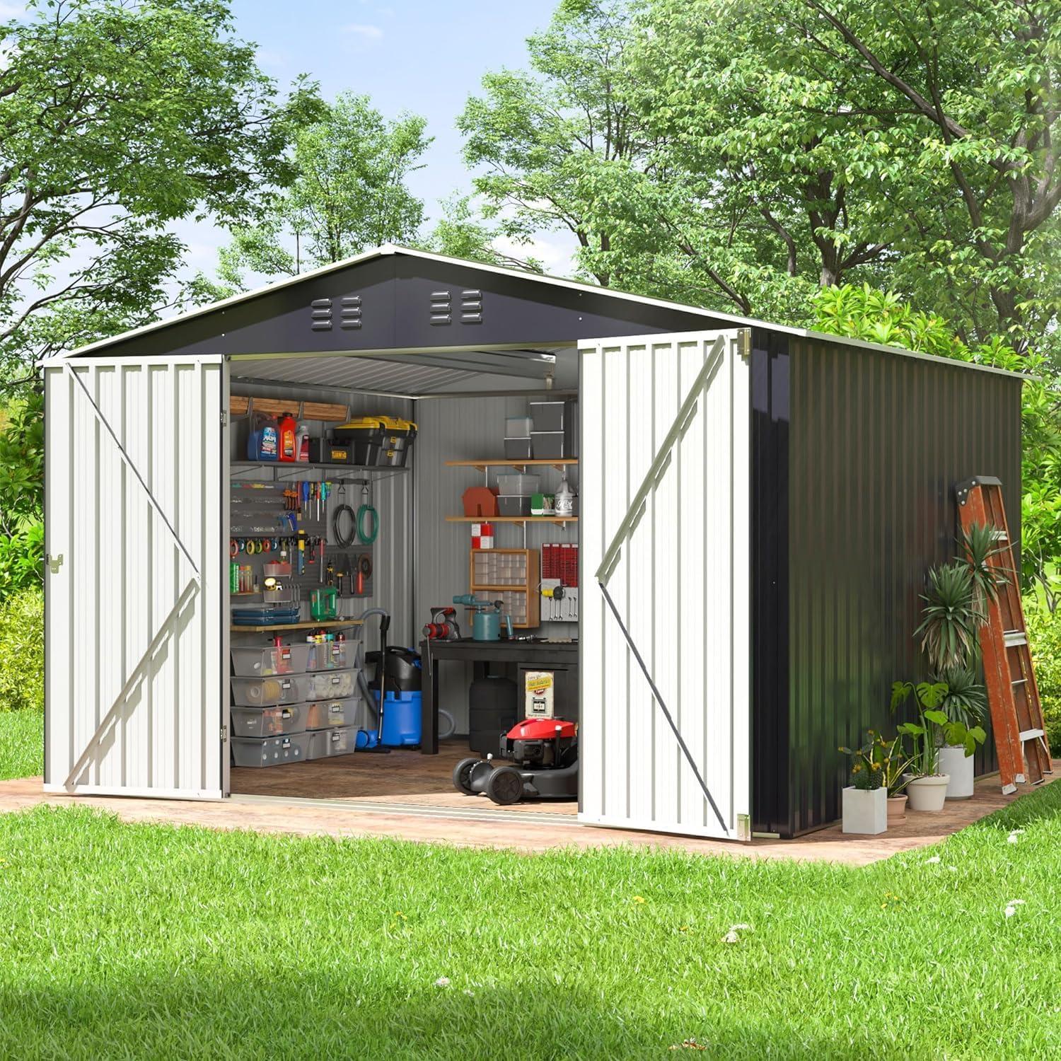 Gray 6' x 8' Galvanized Steel Outdoor Storage Shed with Lockable Door