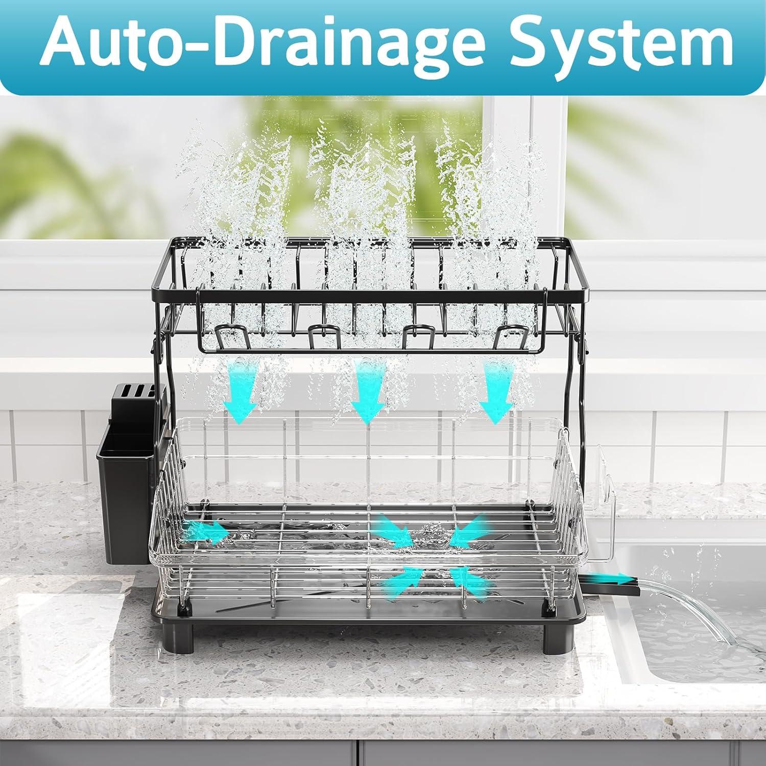 Dish Drying Rack - 2 Tier Dish Racks for Kitchen Counter with Drainboard, Utensil & Wine Glass Holder, Multifunctional Dish Drainer for Kitchen Organization, Black