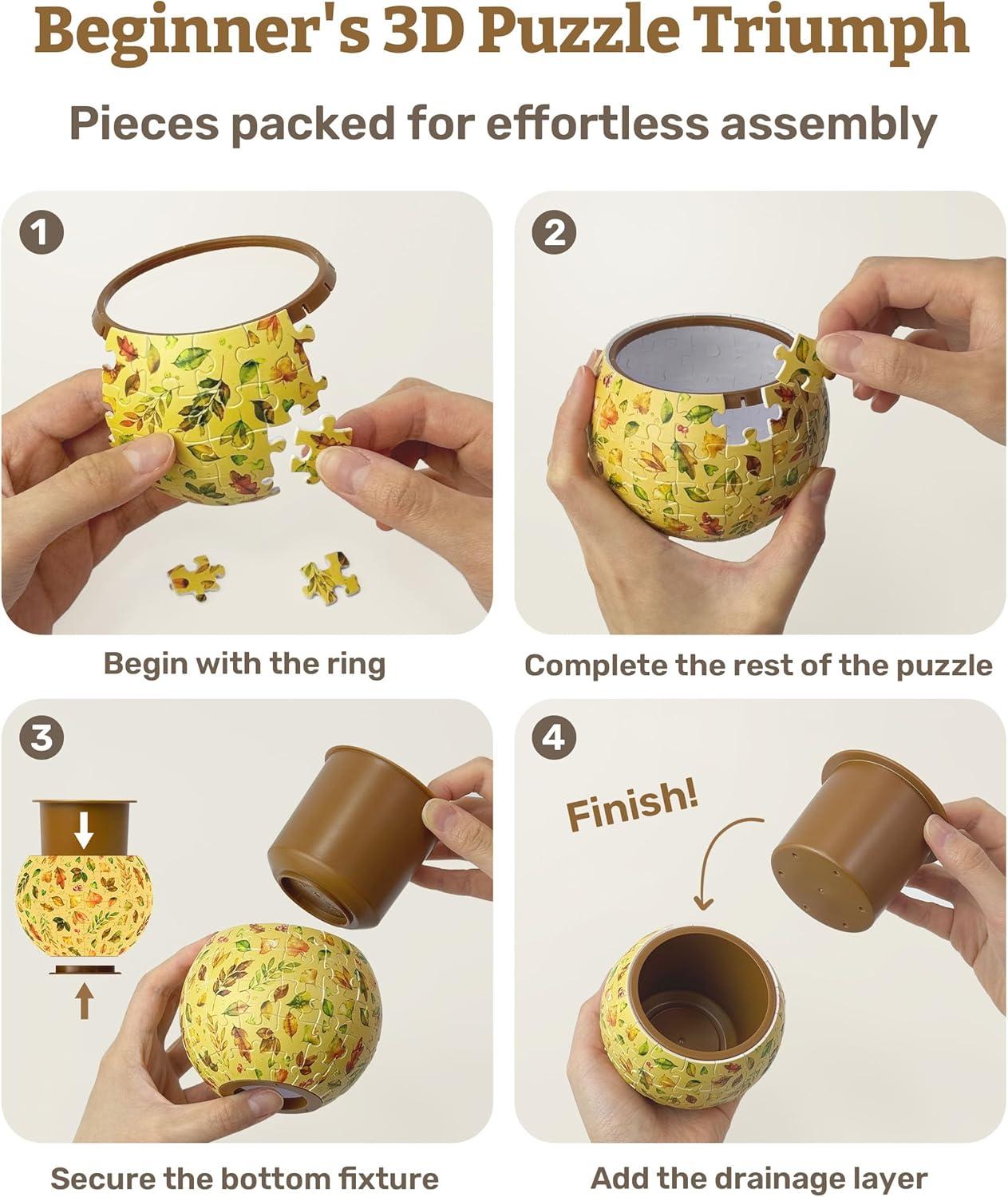 3D Puzzle Planter 80 Pieces - Flower Pot - Dancing Leaves in Fall, Home Decor Flower Pots for Indoor Cactus, Succulents Pots [K1108]