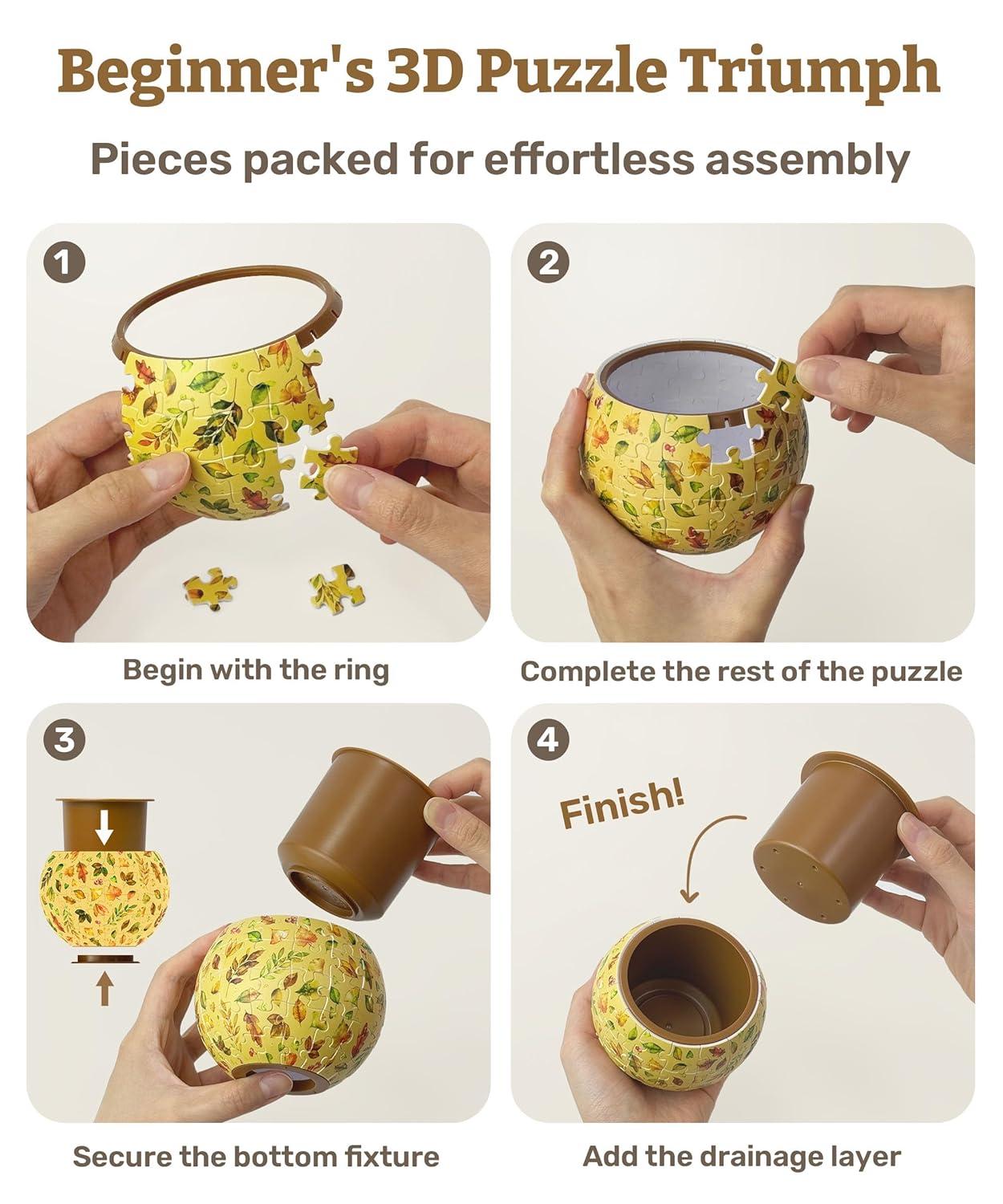 3D Puzzle Planter 80 Pieces - Flower Pot - Dancing Leaves in Fall, Home Decor Flower Pots for Indoor Cactus, Succulents Pots [K1108]